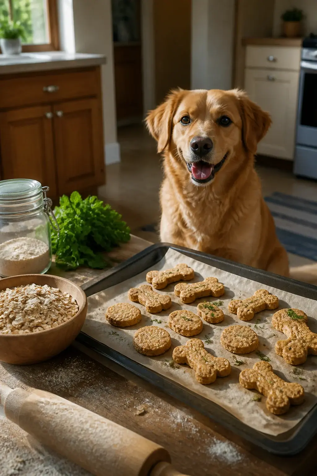 A realistic, warmly lit kitchen scene featuring a batch of homemade dog biscuits cooling on a parchment-lined baking tray. The biscuits are bone-shaped and round, visibly textured with oats, and sprinkled with tiny flecks of fresh mint. Nearby are ingredient cues: a small bowl of rolled oats, a bunch of fresh mint leaves, a jar of whole wheat flour, and a wooden rolling pin dusted with flour. In the background, a happy medium-sized dog (golden retriever mix) sits expectantly with bright eyes, slightly panting, on a clean kitchen floor. Soft natural afternoon light streams through a window, highlighting the crisp edges of the biscuits. No text, realistic photo.