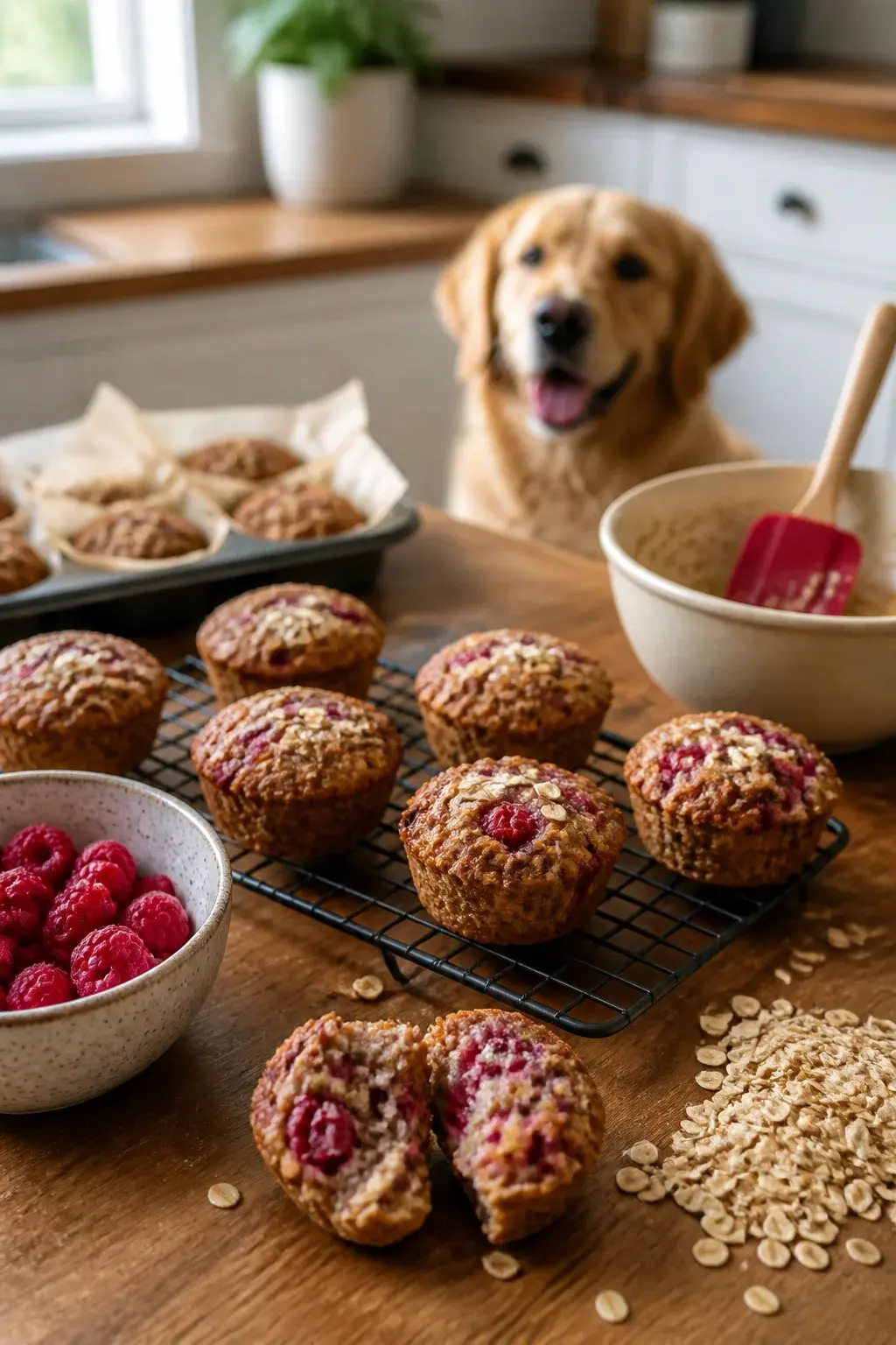 A realistic close-up kitchen scene of freshly baked raspberry dog muffins cooling on a wire rack on a wooden countertop, natural morning light from a nearby window, a bowl of fresh raspberries and a small pile of rolled oats beside a mixing bowl with a silicone spatula, a parchment-lined muffin tin with a few muffins still inside, one muffin broken open to show soft, slightly chewy texture with visible raspberry pieces, a happy medium-sized dog (golden retriever) in the background slightly out of focus with attentive expression, clean cozy home kitchen setting, no text, high-resolution food photography style, shallow depth of field, warm tones.