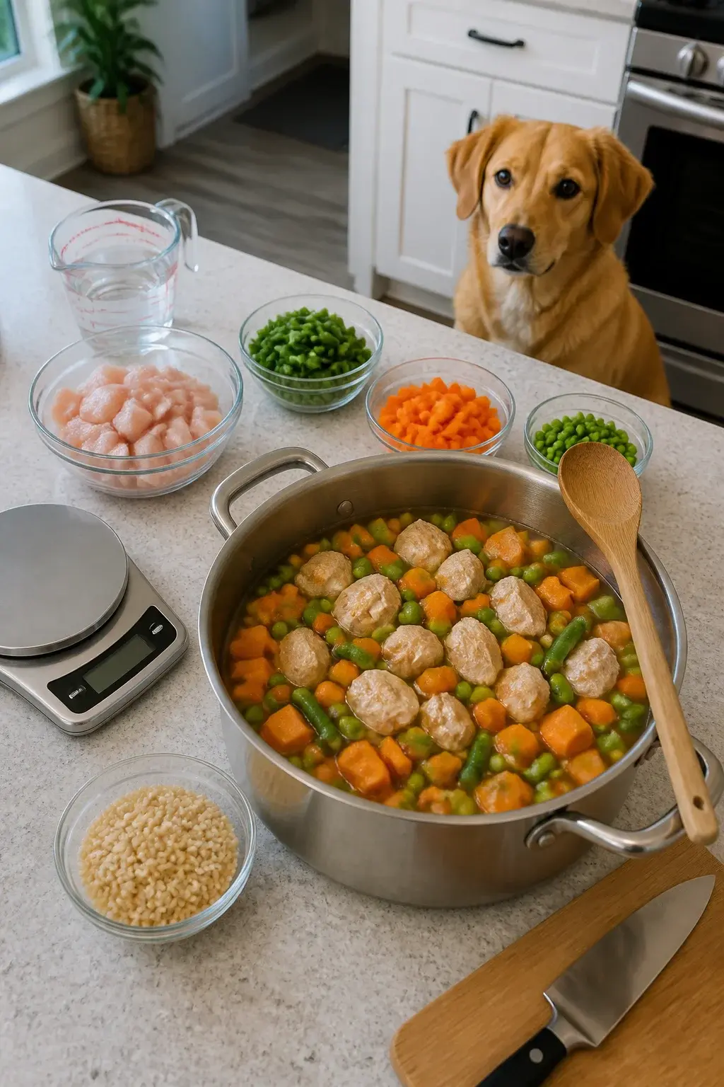 A realistic, well-lit overhead photo of a home kitchen countertop featuring a freshly cooked chicken stew for dogs in a stainless-steel pot: chunks of skinless boneless chicken breast, diced carrots, peas, sweet potato cubes, and green beans in a light broth, with a wooden spoon resting on the pot rim. Nearby, prepped ingredients in small glass bowls (uncooked chicken pieces, chopped veggies, a small bowl of plain cooked brown rice), a measuring cup, and a digital food scale. In the background, a clean cutting board with a chef’s knife, and a calm, medium-sized golden mixed-breed dog sitting attentively, looking toward the pot. Natural daylight, soft shadows, neutral modern kitchen tones, photorealistic detail, no text.