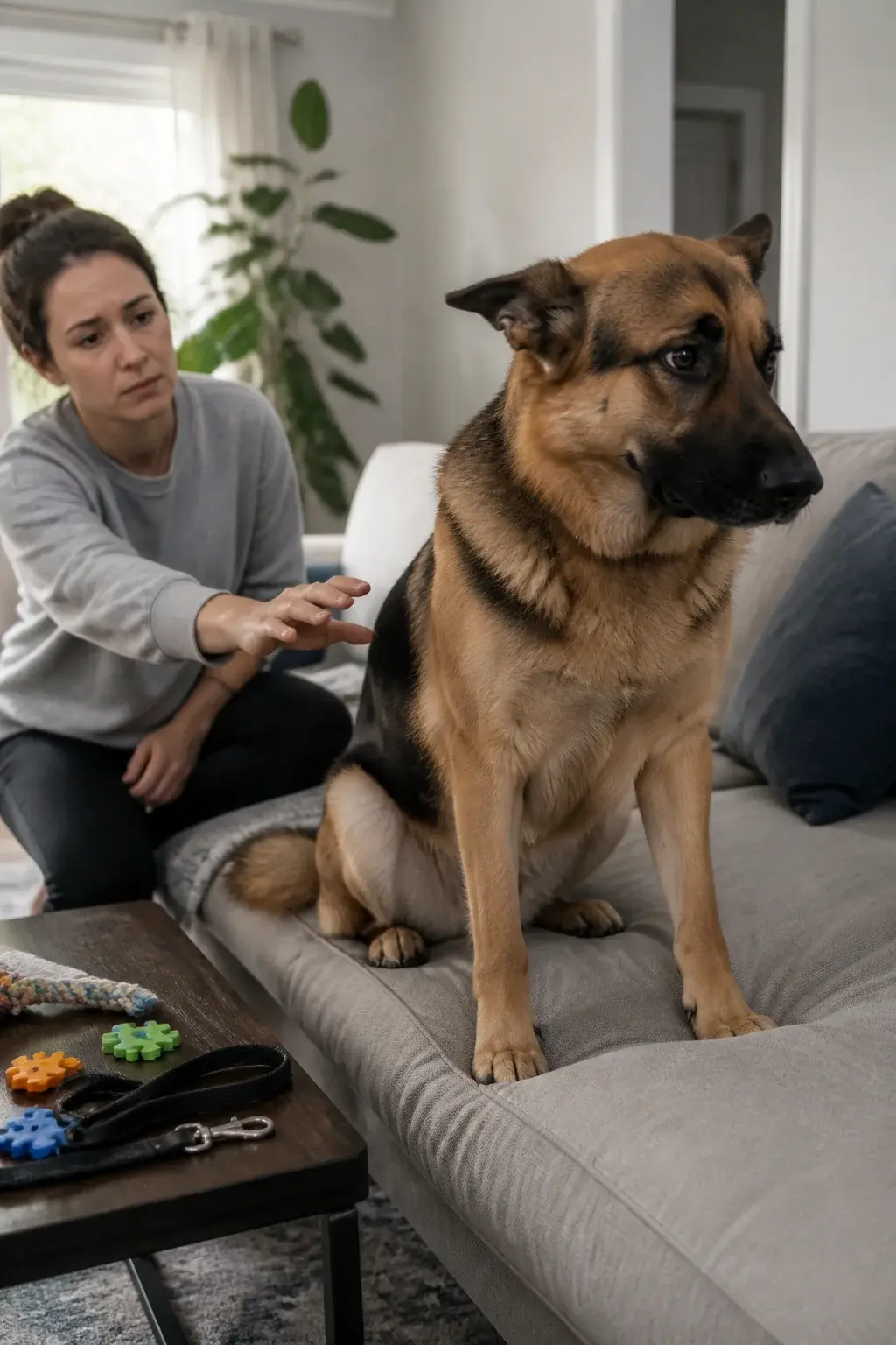 Realistic photo of a German Shepherd in a modern living room, sitting on a couch with its back turned to a concerned owner in casual clothes seated nearby, owner’s hand tentatively reaching out while the dog pointedly averts eye contact; subtle body language cues of canine stress (ears slightly back, tight mouth, stiff posture, tail low), morning natural light through a window, scattered puzzle toys and an untouched leash on a coffee table hinting at unmet exercise/mental stimulation needs, soft neutral color palette, shallow depth of field focusing on the dog’s posture and expression, high-resolution, candid documentary style photography.