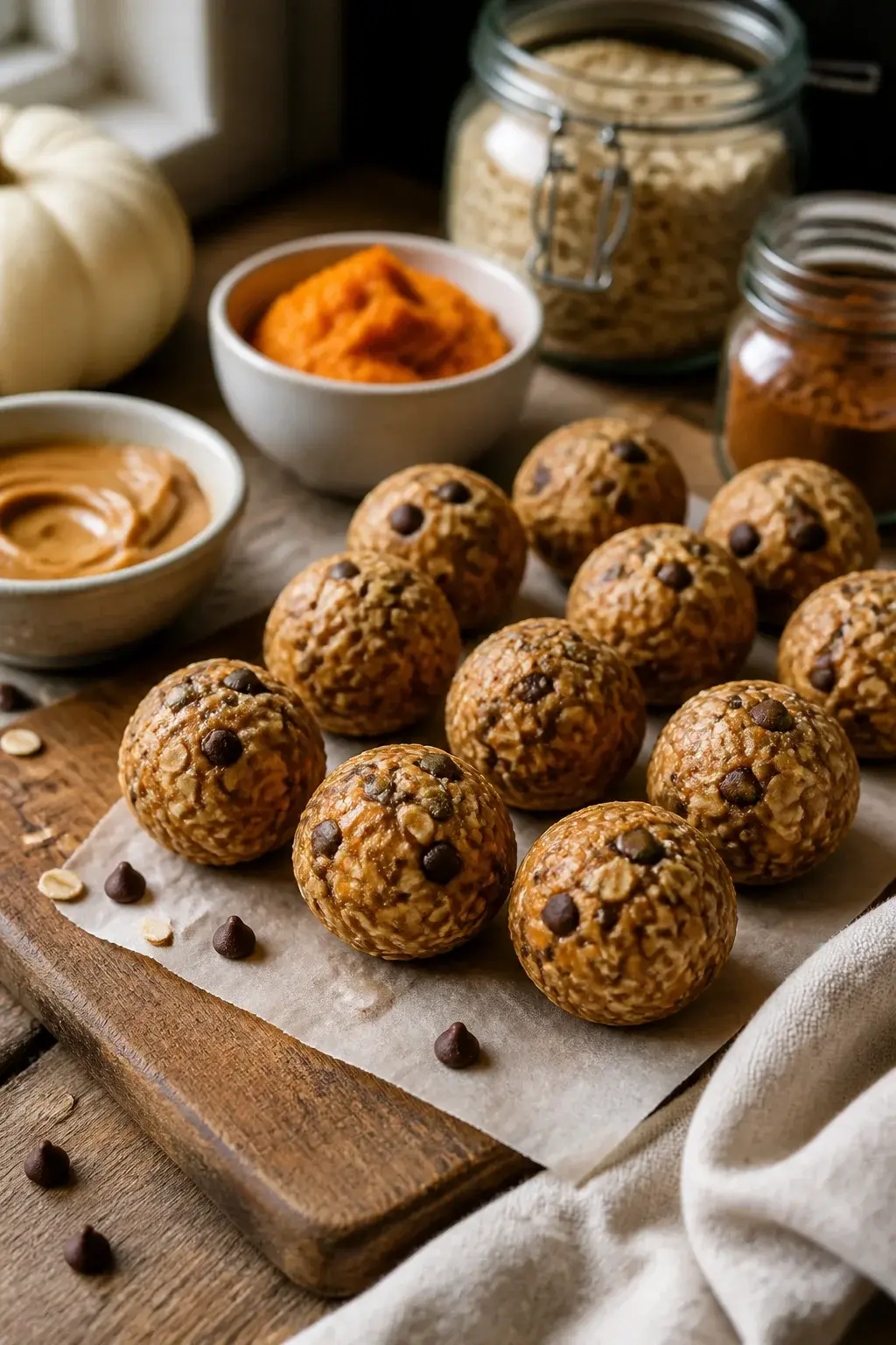 Realistic food photo of a small rustic kitchen scene featuring peanut butter pumpkin energy balls: a parchment-lined wooden board with 10–12 round, slightly textured energy balls made from visible rolled oats, creamy peanut butter sheen, flecks of pumpkin puree color, mini dark chocolate chips, and sprinkled chia or pumpkin seeds; a small ceramic bowl of creamy peanut butter with a spoon swipe, a ramekin of pumpkin puree, a jar of rolled oats, and a spice jar labeled pumpkin spice slightly out of focus; a warm, cozy fall vibe with soft window light from the left, shallow depth of field, neutral linen napkin, a few oats and chocolate chips scattered naturally; no text, no hands, hyper-realistic, 50mm lens look, high detail, inviting and snackable.