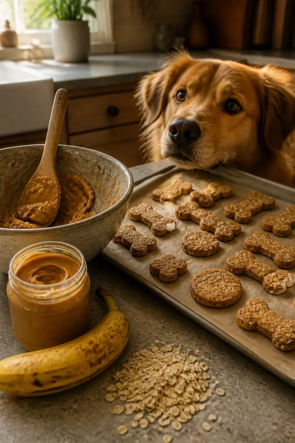 A warm, realistic kitchen countertop scene with natural morning light: a parchment-lined baking sheet filled with freshly baked, golden-brown, homemade dog cookies shaped like small bones and circles, visibly textured with rolled oats. In the foreground, a rustic mixing bowl with a wooden spoon coated in thick peanut butter-banana dough, a ripe banana with a few brown speckles, a small open jar of natural peanut butter (no label), and a small pile of rolled oats scattered on the counter. In the background, a happy golden retriever or mixed-breed medium dog with bright eyes and perky ears watches eagerly from the edge of the frame, nose slightly lifted to sniff. Cozy, homey aesthetic, shallow depth of field, soft shadows, no text, highly detailed, realistic photo.