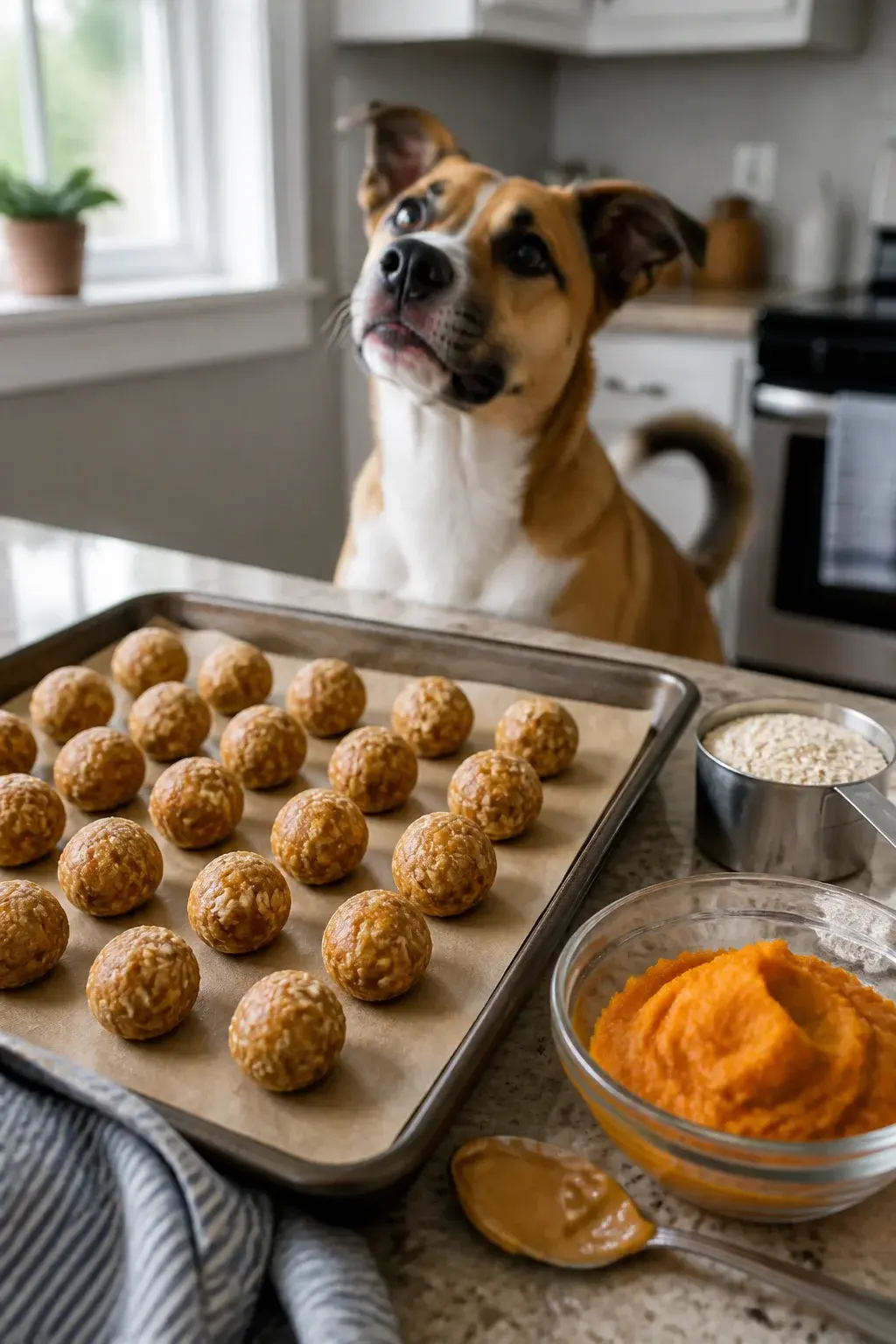 A realistic close-up photo of a kitchen countertop scene featuring freshly rolled pumpkin mash dog treat balls on a parchment-lined baking sheet, with visible texture from oats and a slight sheen from natural peanut butter; a small glass bowl of bright orange pumpkin puree, a spoon with a smear of peanut butter, and a measuring cup of rolled oats nearby; soft natural window light from the left creating gentle shadows; a medium-sized happy mixed-breed dog (brown and white, short coat) in the blurred background with alert ears and wagging tail, nose lifted as if smelling the treats; neutral, cozy kitchen tones with a clean, homey feel; no text, highly detailed, realistic photography style.