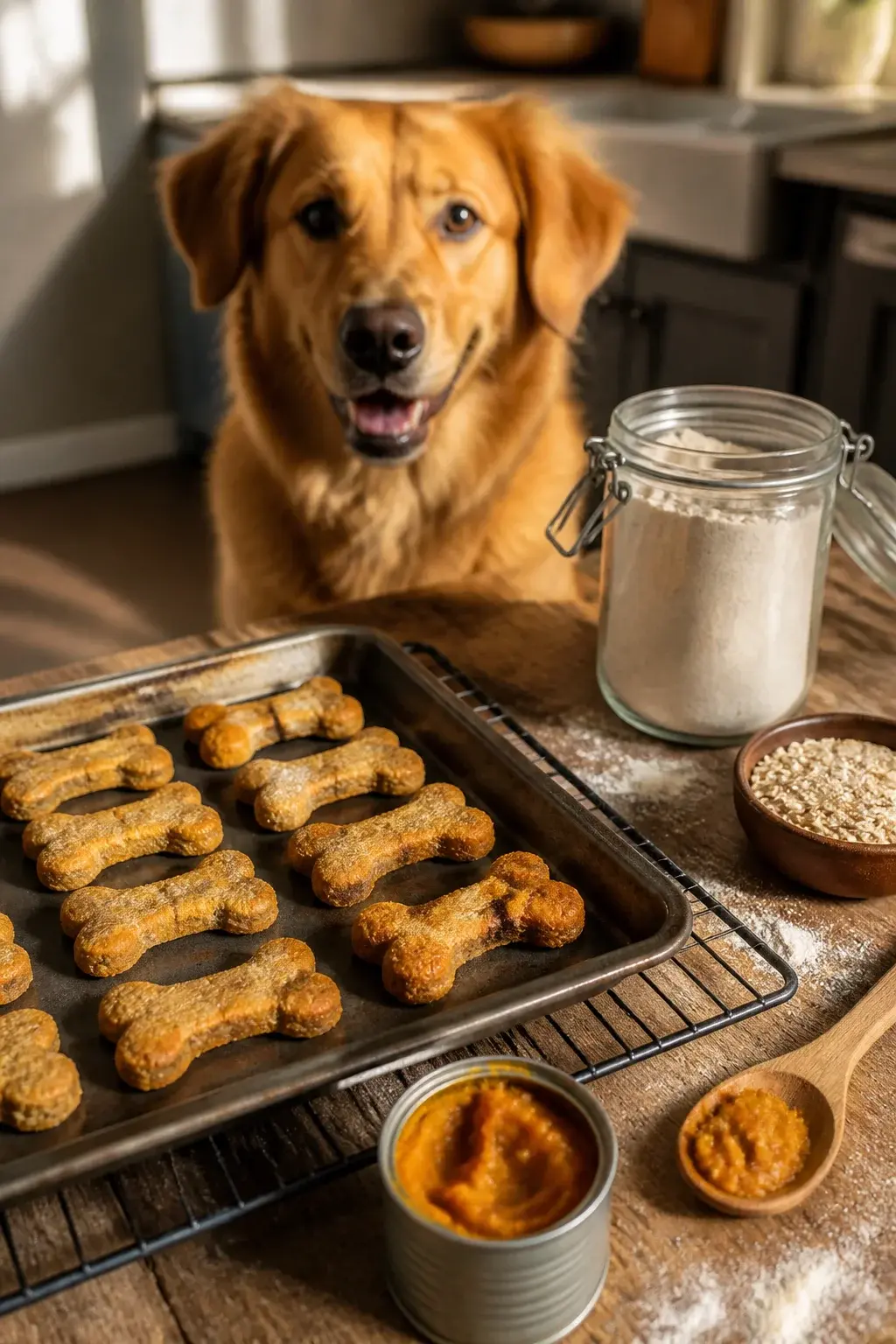 A cozy home kitchen scene with warm afternoon light: a baking sheet of freshly baked, pumpkin-colored, bone-shaped dog biscuits cooling on a wire rack, a small open can of pumpkin puree and a wooden spoon with a smear of pumpkin nearby, a glass jar of whole wheat flour and a small dish of rolled oats on the counter, light dusting of flour on a rustic wooden surface, a golden retriever or mixed-breed medium dog in the background eagerly watching with bright eyes and perked ears, shallow depth of field focusing on the crunchy texture of the treats, natural realistic color tones, no text, high-resolution realistic photograph.