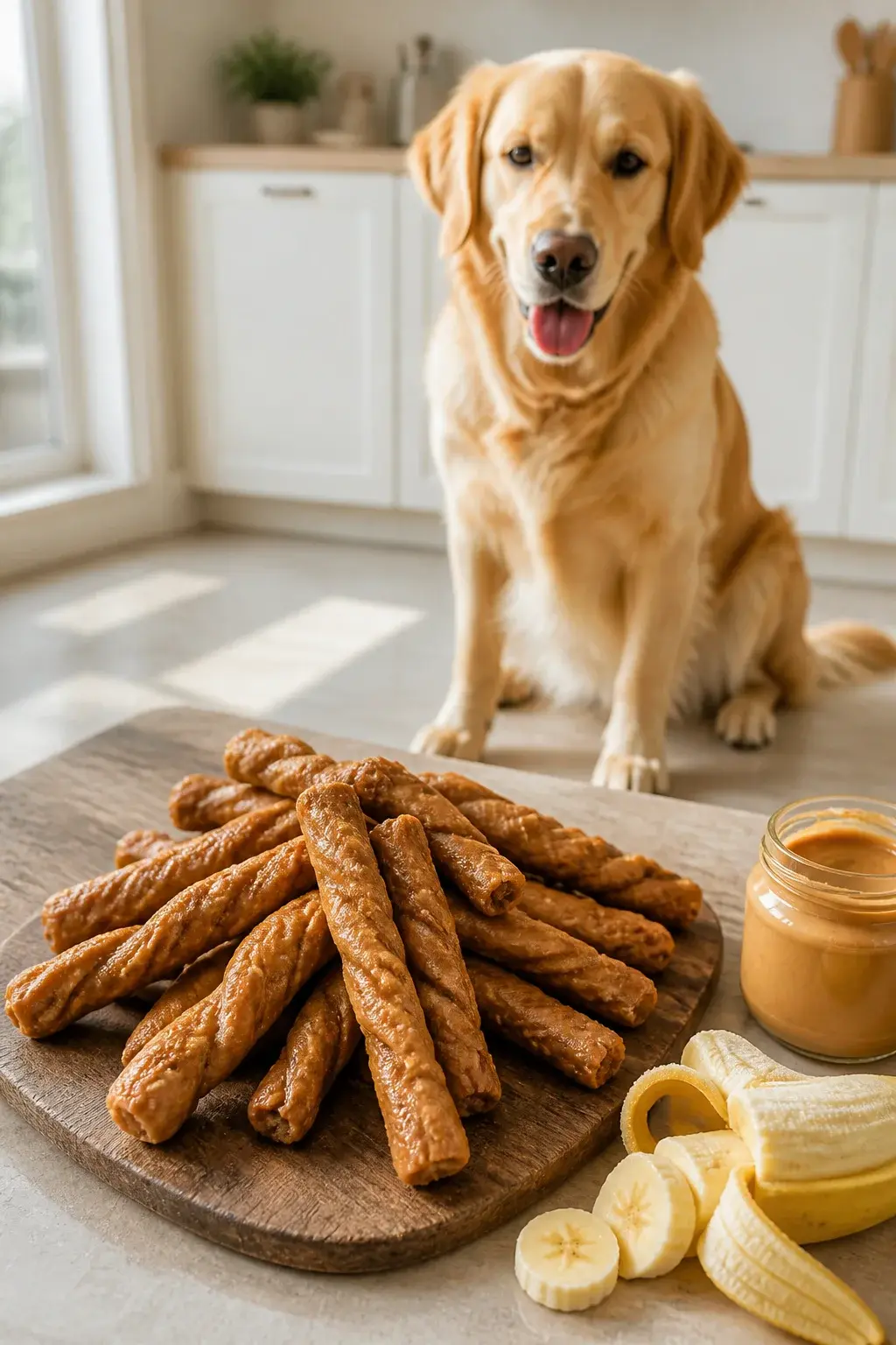 Realistic photo of a happy medium-sized dog (golden retriever) sitting on a bright kitchen floor, eagerly eyeing a rustic wooden board piled with homemade peanut butter-banana dog twist treats; the twists are golden-brown, slightly glossy, with visible banana flecks and a light crackled texture, some longer and some shorter for size variety; a small open jar of natural peanut butter (no label) and a peeled banana with a few slices rest beside the board; soft natural morning light from a nearby window, shallow depth of field focusing on the twists, clean modern kitchen background with neutral tones, no text.