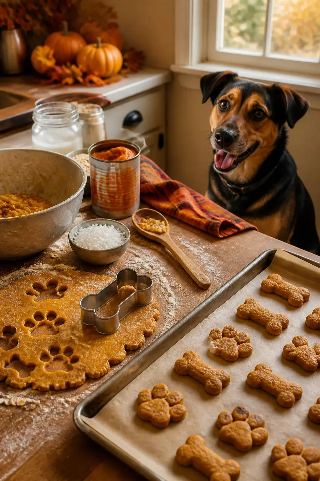 A realistic, warmly lit kitchen scene in autumn tones: a rustic wooden countertop dusted with oat flour, a large mixing bowl with a pumpkin-coconut dog treat dough being rolled out, bone- and paw-shaped cookie cutters in use, a parchment-lined baking sheet filled with freshly baked golden-brown crunchy treats, a can of pure pumpkin puree open beside a small bowl of shredded coconut and oats, a wooden spoon with a bit of dough on it, a plaid dish towel in burnt orange, a small jar of coconut oil, soft natural window light suggesting a crisp fall afternoon, and a happy medium-sized mixed-breed dog with a shiny coat sitting attentively at the edge of the frame looking at the treats; no text, hyper-realistic, shallow depth of field, cozy fall vibe.