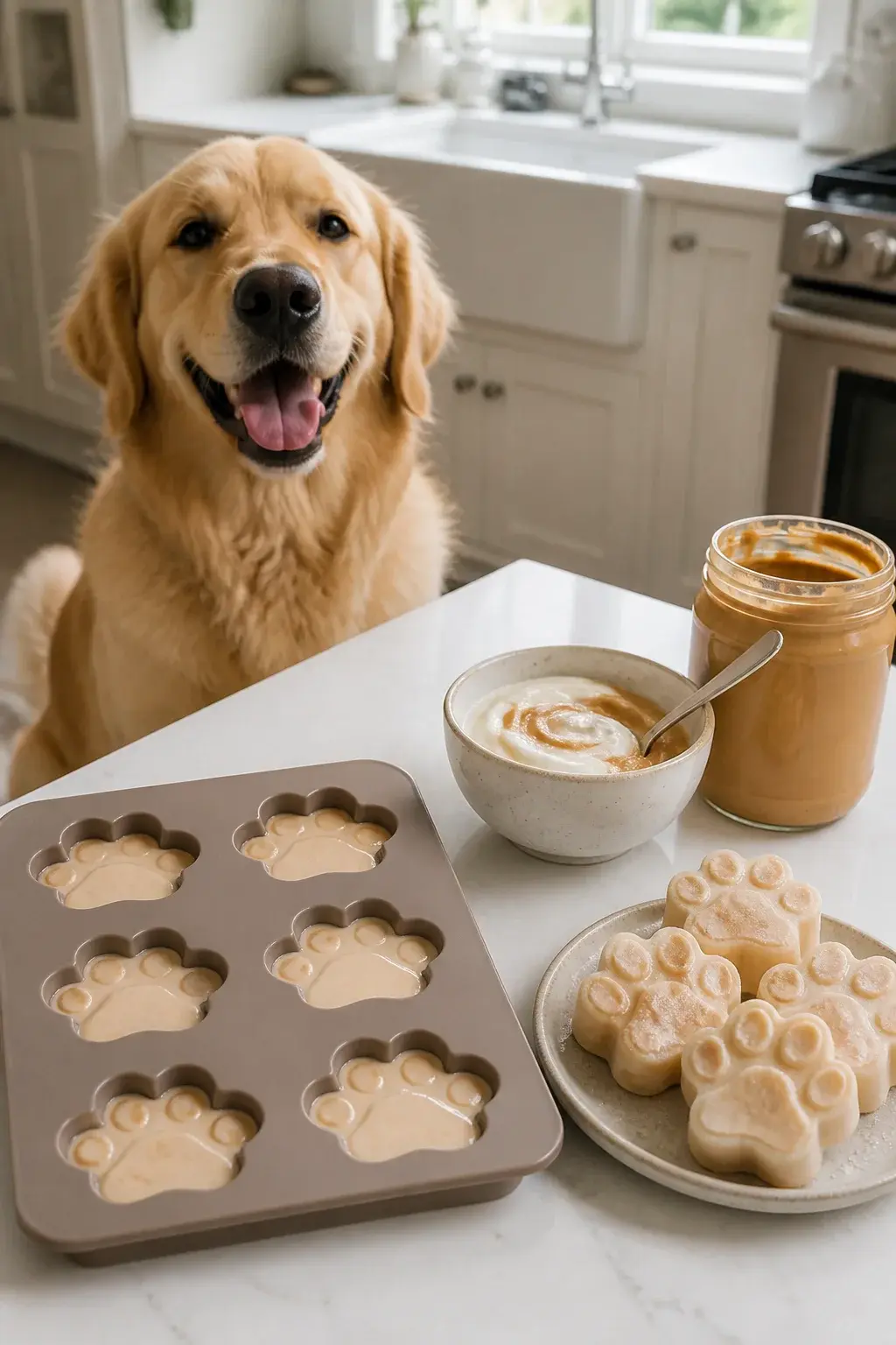 A bright, natural-light kitchen scene with a medium-sized happy golden retriever sitting expectantly near a white quartz countertop. On the counter: a silicone paw-print mold filled with creamy light-tan frozen peanut butter yogurt treats, a small bowl with a spoon showing swirls of plain yogurt and peanut butter, and a jar of natural peanut butter with the lid off. Some finished treats are popped out onto a small plate with a bit of condensation, suggesting they’re freshly frozen. Soft shadows, realistic textures, slight frost on the treats, no text, lifestyle food-photography style, 50mm lens look, high-resolution, realistic color palette.