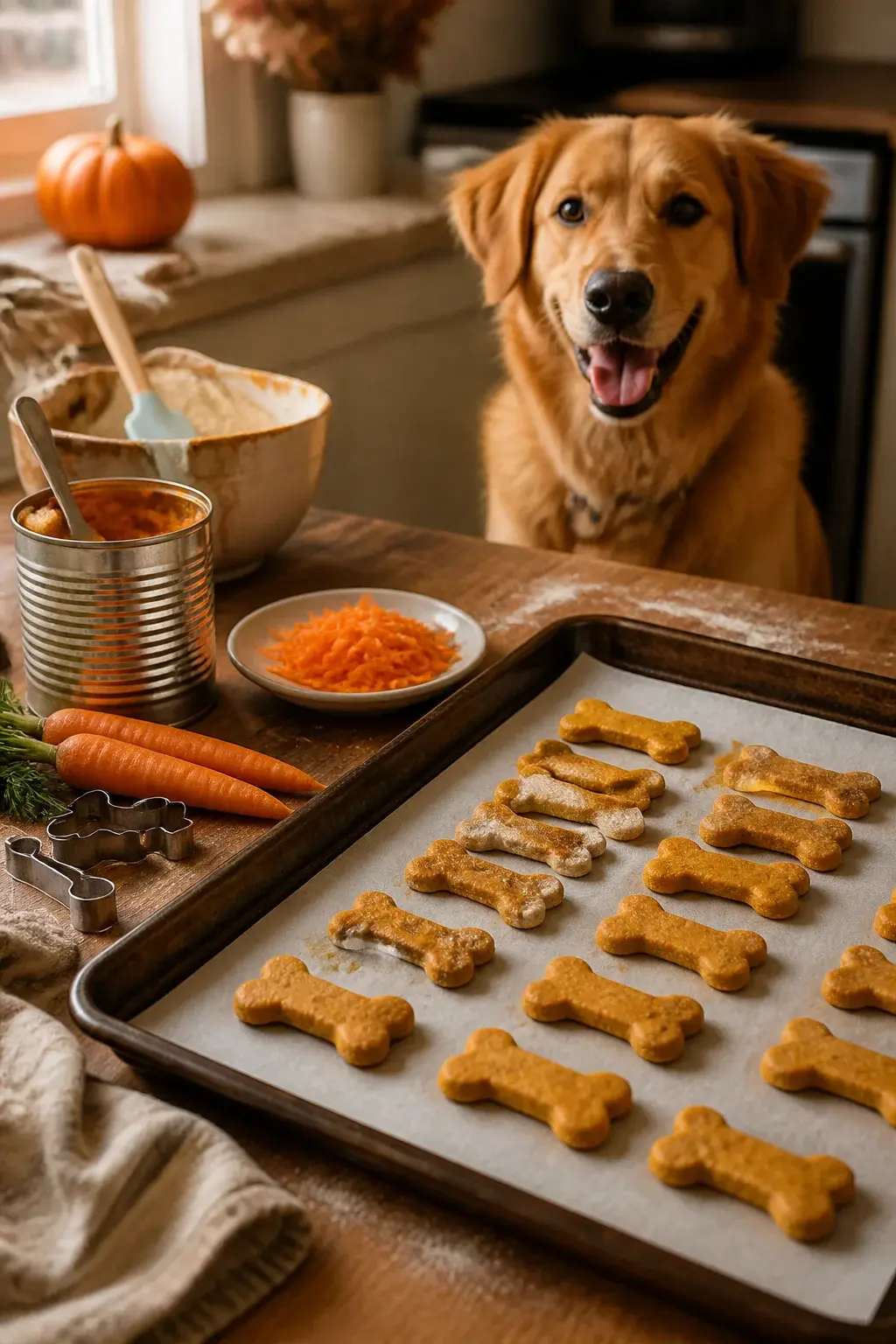 A realistic, warmly lit kitchen scene showcasing homemade pumpkin carrot dog treats cooling on a parchment-lined baking sheet on a wooden countertop. Visible ingredients and tools are arranged naturally: an open can of pumpkin puree with a spoon, fresh whole carrots and some grated carrot on a small plate, a bag of whole wheat flour lightly dusted on the counter, a mixing bowl with a silicone spatula, and bone-shaped cookie cutters. In the background, a happy medium-sized dog (golden retriever mix) sits expectantly near the counter, ears perked, eyes focused on the treats. Soft autumn light comes through a window, with a subtle cozy fall ambiance (a small pumpkin and a neutral dish towel). No text, high-resolution, natural colors, shallow depth of field focusing on the treats.