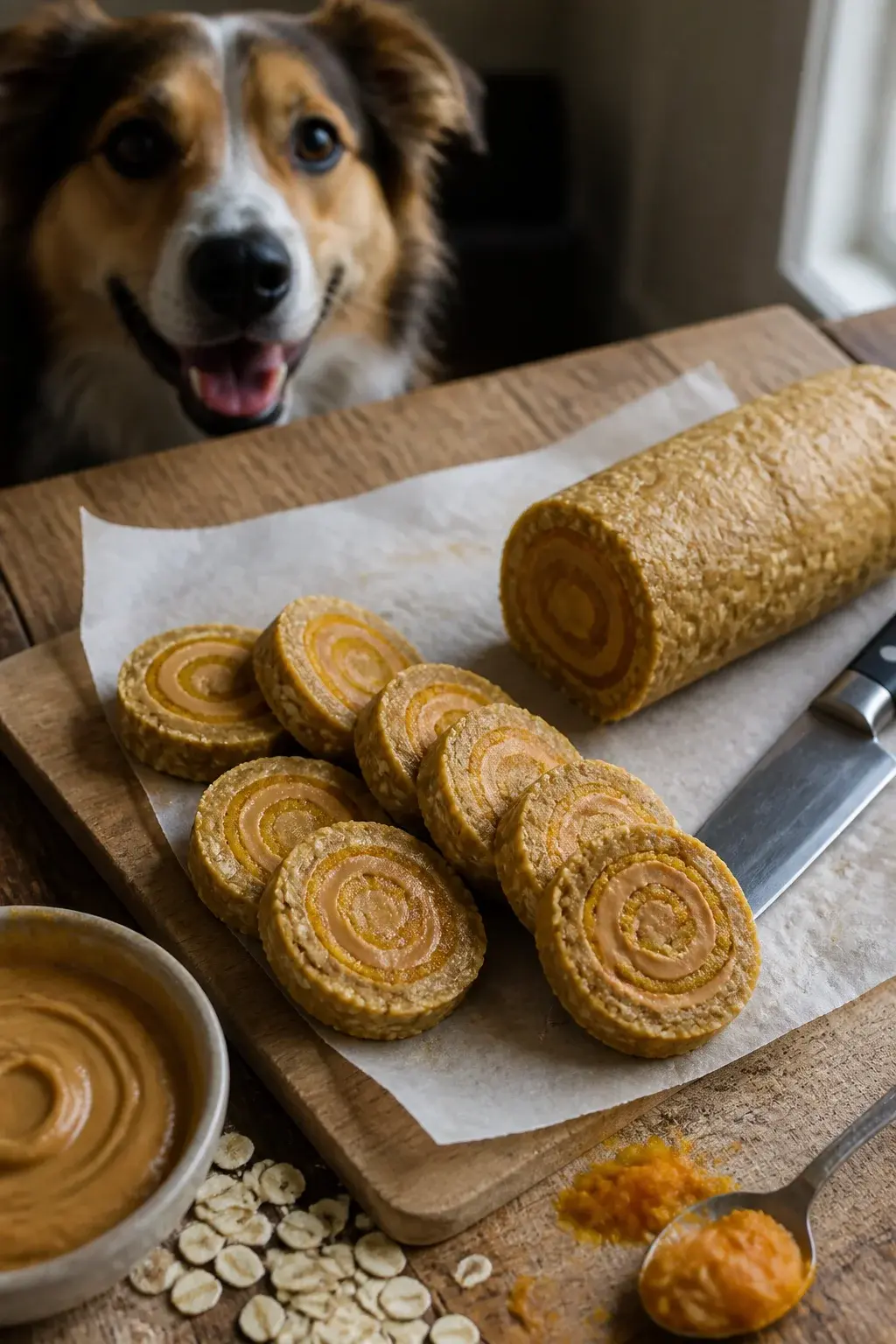 Realistic photo of homemade dog pinwheel treats on a rustic wooden kitchen counter: close-up of neat spiral slices made from a rolled oat, peanut butter, and pumpkin-banana dough, showing visible oat texture and creamy peanut butter swirls. A parchment-lined cutting board holds a partially sliced log with a chef’s knife beside it, a small bowl of smooth peanut butter, a handful of rolled oats scattered, and a spoon with pumpkin puree smudges. Soft natural window light, shallow depth of field, warm tones. In the background, slightly out of focus, a happy medium-sized dog with bright eyes eagerly watching from the edge of the frame. No text.