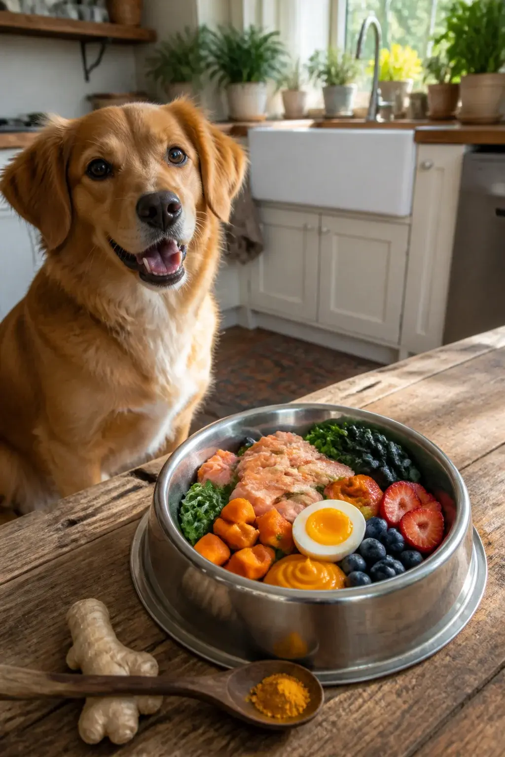 Realistic photo of a happy adult medium-sized dog (golden retriever mix) sitting beside a rustic wooden kitchen table with a stainless steel dog bowl filled with a colorful superfood meal: flaky cooked salmon chunks, diced sweet potato, pumpkin puree swirl, fresh blueberries and sliced strawberries, chopped spinach and kale, a soft-boiled egg halved on top, and a light drizzle of olive oil; a small pinch of turmeric and ginger root visible on a wooden spoon nearby. Natural morning light from a window, soft shadows, clean cozy kitchen backdrop with houseplants, no text, high detail, shallow depth of field.