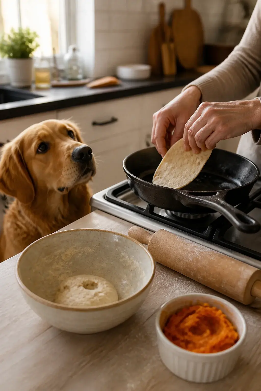 Realistic photo, warm kitchen countertop scene: a person’s hands flipping a small, soft homemade tortilla in a cast-iron skillet on a gas stove, with a mixing bowl of simple dough (oat flour and water visible), a wooden rolling pin dusted with flour, and a small ramekin of mashed sweet potato nearby. In the foreground, a medium-sized golden retriever sits attentively with perked ears, looking up at the tortilla, soft natural afternoon light from a window, shallow depth of field, cozy homey atmosphere, no text, high-resolution.