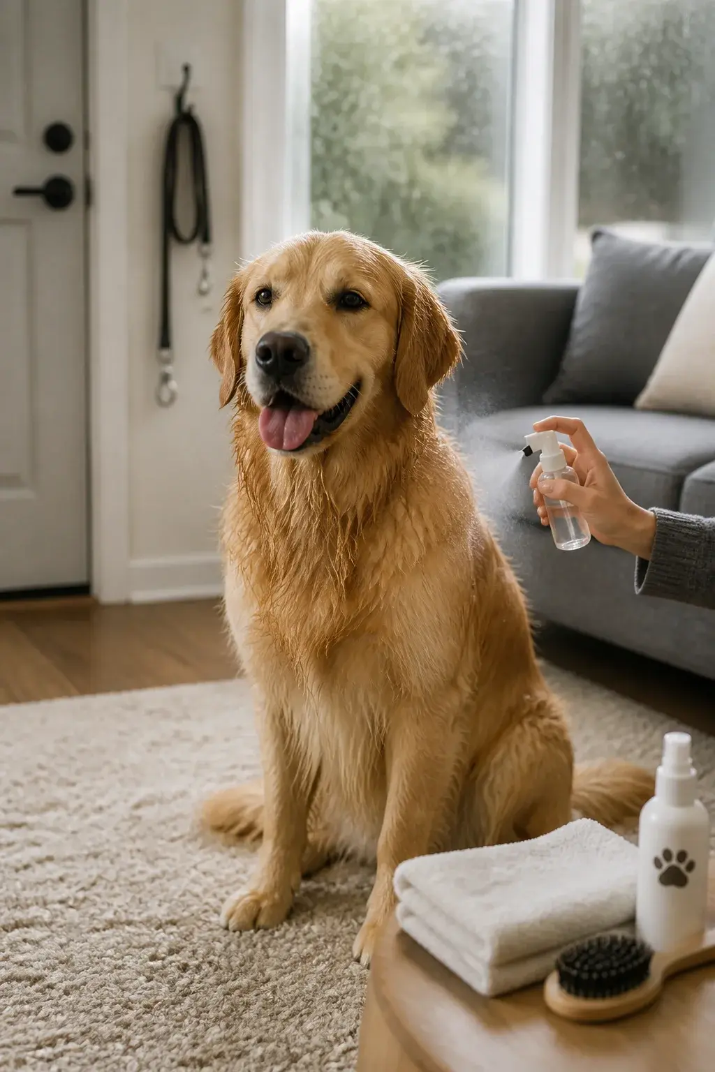 A realistic, well-lit photo of a golden retriever sitting calmly on a cozy living room rug after a walk, slightly damp but clean, while a person’s hand gently spritzes a dog-safe grooming perfume mist near the dog’s shoulder (not on the face). Visible fine mist particles catching soft natural window light. The scene includes a neutral, modern living room with a couch, a neatly folded towel, a brush, and a small bottle labeled with a simple paw icon (no readable text). Subtle details: a leash on a hook by the door, a plant in the background, and a faint suggestion of rain on the window to imply “after-walk.” Emphasize healthy, glossy coat, calm dog expression, and a fresh, airy atmosphere. Photorealistic, shallow depth of field, 50mm lens look.