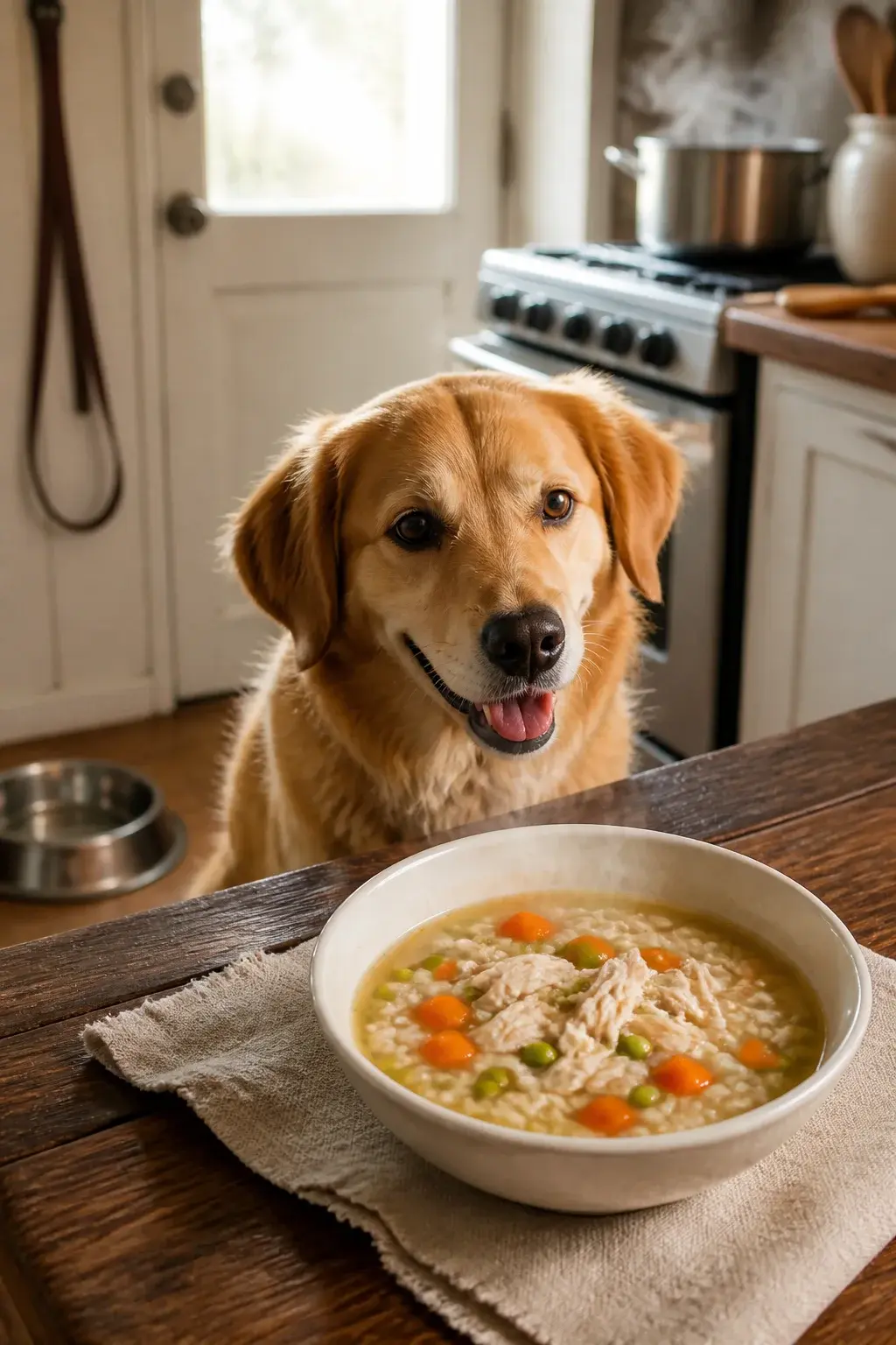 A warm, cozy kitchen scene in soft morning light: a medium-sized happy dog (golden retriever mix) sits by a wooden farmhouse table, eagerly watching a shallow white ceramic bowl of steaming chicken soup placed on a rustic linen napkin. The soup is clearly dog-safe: shredded poached chicken breast, diced carrots, small green peas, and soft rice in a clear golden broth, with no onions, garlic, or herbs visible. A stainless steel water bowl sits nearby on the floor. In the background, a simple pot on the stove with steam rising, a wooden spoon resting on the counter, and a leash hanging by the back door. Realistic photo style, high detail, natural colors, shallow depth of field focusing on the bowl and the dog’s expectant expression, no text.
