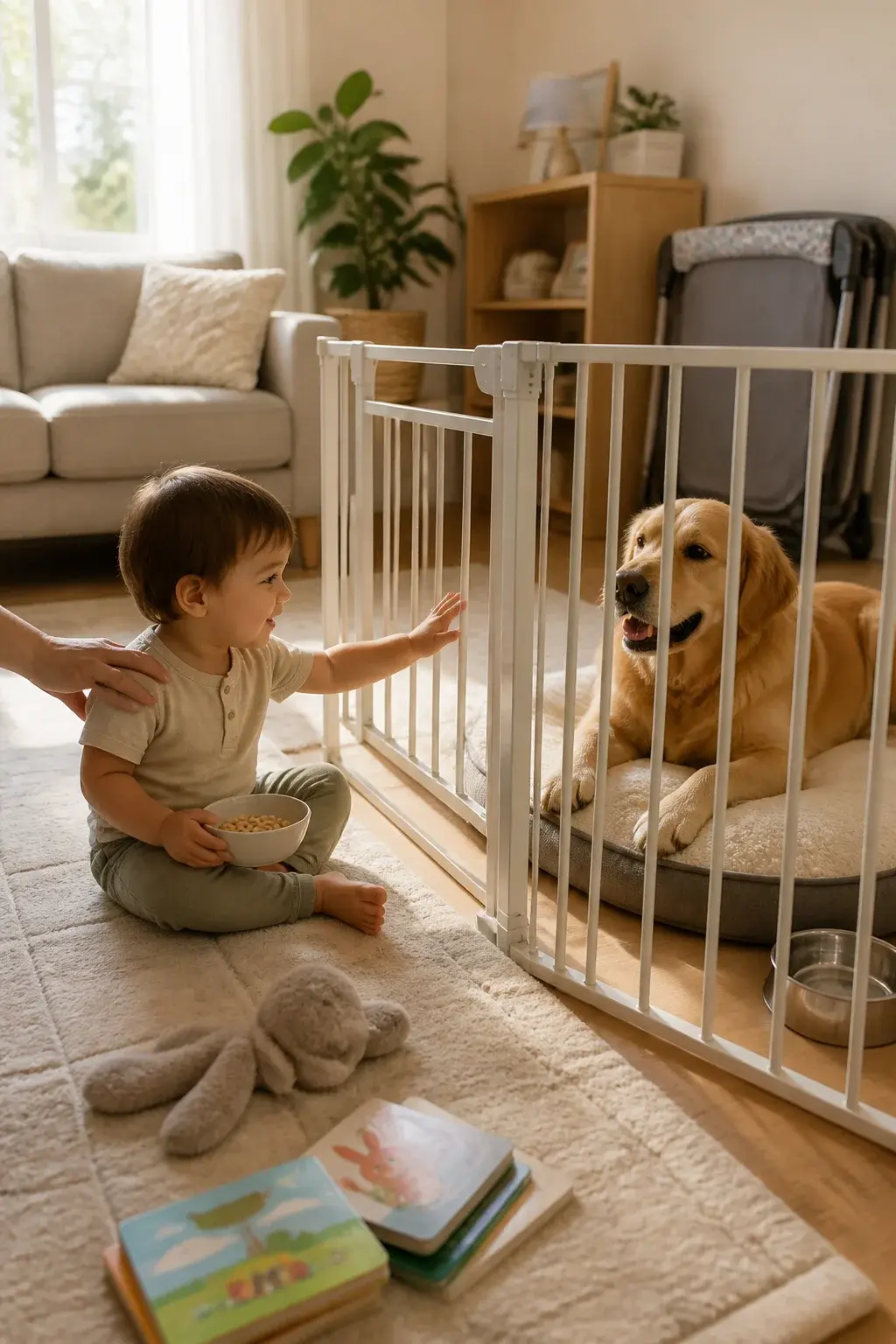 Realistic photo of a cozy, sunlit living room with soft neutral tones and child-safe decor: a calm medium-sized family dog (golden retriever) lying on a cushioned dog bed inside a clearly visible baby-gated area, relaxed body language (soft eyes, loose mouth, ears neutral); just outside the gate, a smiling toddler around 2 years old sits on the floor with a small bowl of cereal snacks, reaching gently with an open palm toward the gate but not touching the dog; a parent’s hand is lightly resting on the toddler’s shoulder, supervising; scattered but tidy toys (a plush squeaky toy, board books) nearby; subtle details like a playpen folded in the corner, a water bowl near the dog, and soft afternoon light streaming through sheer curtains to convey a calm, safe routine; no text on image.