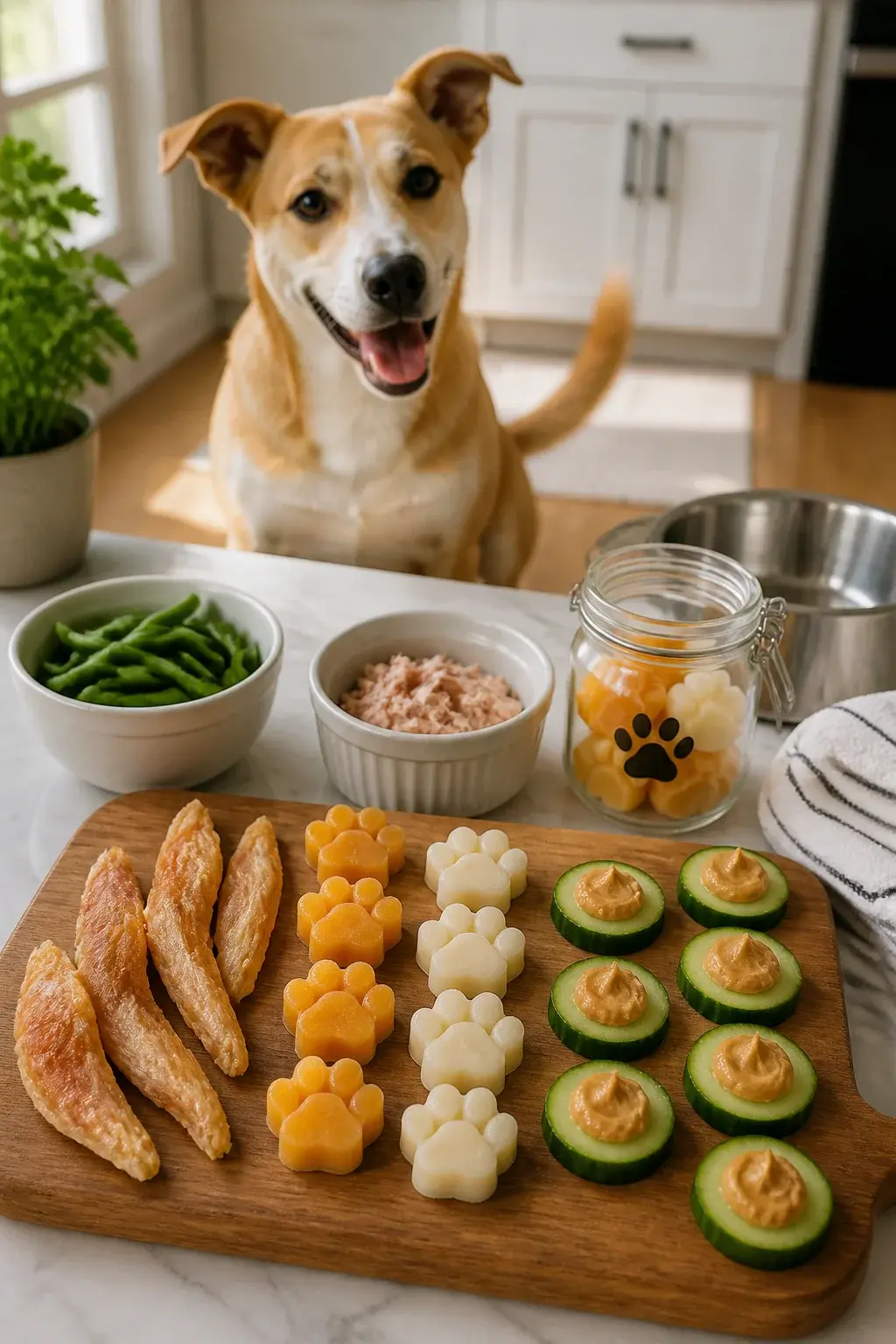 A bright, natural-light kitchen countertop scene showcasing homemade low-carb dog treats: small dehydrated chicken breast strips, bite-size frozen pumpkin-and-plain Greek yogurt paw-shaped bites, and cucumber coin slices topped with a smear of peanut butter (xylitol-free) arranged neatly on a wooden board. Include a small bowl of steamed green beans and a ramekin of tuna flakes. In the background, a happy medium-sized mixed-breed dog with short tan fur and white markings eagerly watches from the floor, ears perked and tail mid-wag. Props: stainless steel dog bowl, clean white dish towels, glass jar labeled with a simple paw icon (no text), and fresh herbs in a small pot. Warm, realistic photo style with shallow depth of field, soft morning light, no text on image.