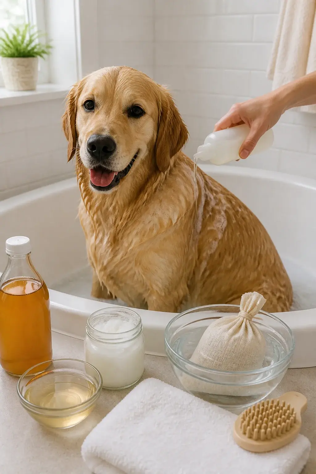 A realistic, well-lit photo of a medium-sized golden retriever in a bright, clean home bathroom, sitting calmly in a white bathtub with a few gentle suds on its fur. On the edge of the tub and nearby counter, neatly arranged DIY dog-friendly ingredients and tools: a small glass bowl of diluted unscented castile soap, a bottle of apple cider vinegar, a jar of coconut oil, an oatmeal-filled muslin sachet resting in a clear bowl of warm water, a soft silicone grooming brush, and a fluffy white towel. Include a hand pouring diluted shampoo from a small squeeze bottle onto the dog’s back. The scene feels cozy and budget-friendly, with natural light, neutral colors, and no labels or text visible.