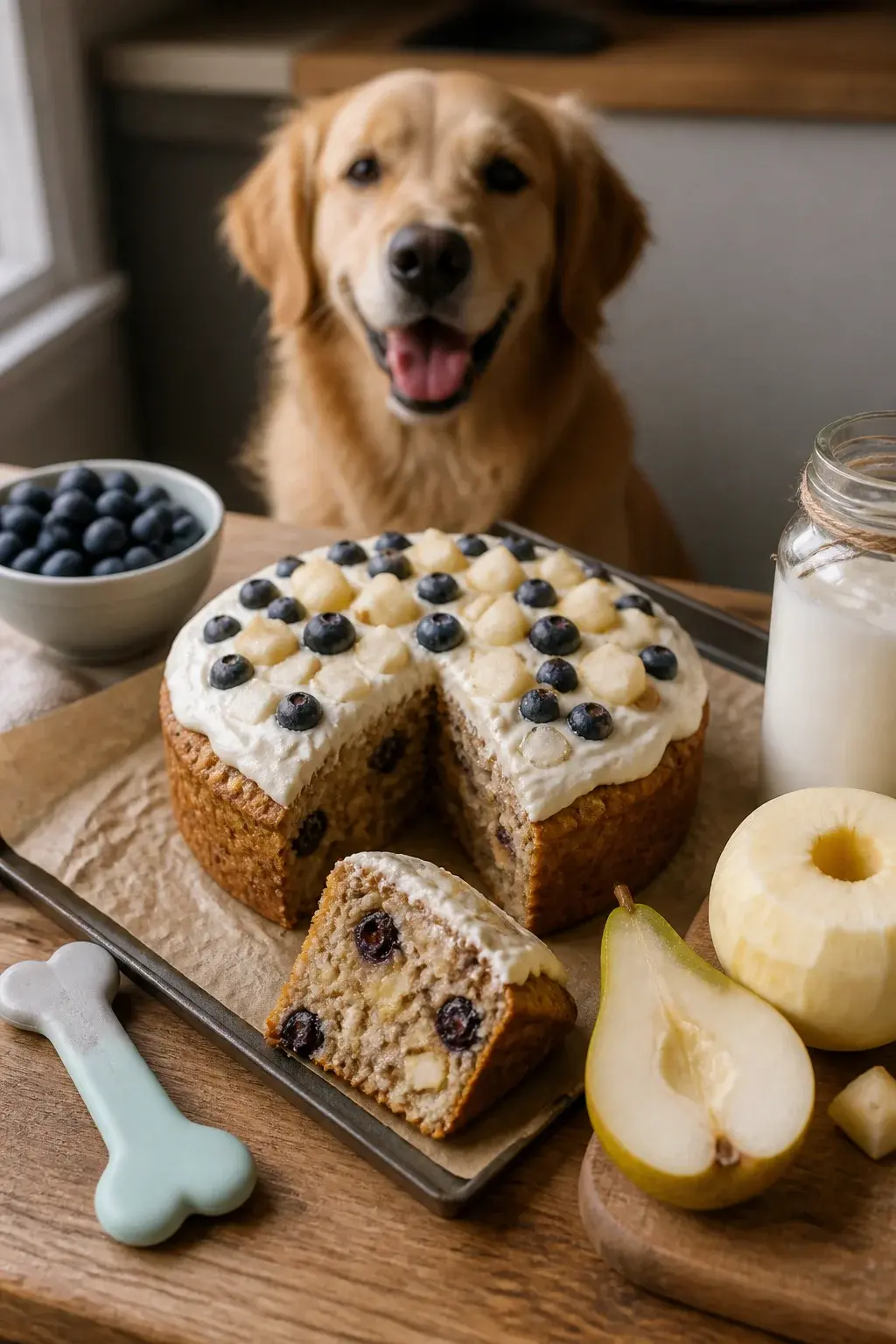 Realistic photo of a freshly baked dog-safe fruit cake on a rustic wooden kitchen counter, styled for a pup’s celebration. The cake is a small round loaf with a golden-brown crumb, lightly frosted with unsweetened Greek yogurt, and topped with visible pieces of blueberries, diced peeled apples, and pears. A slice is cut to show the moist interior studded with fruit, oats, and flax seeds. Surrounding props: a parchment-lined baking tray, a silicone bone-shaped spatula, a small bowl of blueberries, a peeled and cored apple, a pear with seeds removed, and a bottle of dog-safe coconut oil. Soft natural window light, shallow depth of field, warm tones. In the background, a happy medium-sized dog (golden retriever) sits expectantly, slightly out of focus, ears perked, no text or branding.