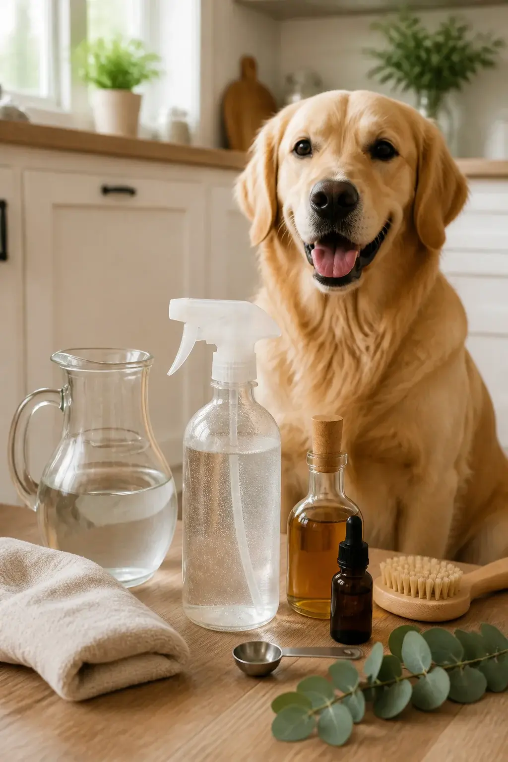 A bright, cozy kitchen scene with natural daylight: a medium-sized, happy golden retriever sitting calmly on the floor next to a clean glass spray bottle filled with a clear liquid and labeled ingredients nearby (distilled water in a glass jug, a small bottle of apple cider vinegar, a tiny bottle of dog-safe essential oil like lavender with a dropper, and a stainless-steel measuring spoon). Include a soft cotton towel, a grooming brush, and fresh green eucalyptus leaves for a clean, natural vibe. Show subtle condensation on the spray bottle to suggest freshness. Neutral, warm tones, realistic photo, shallow depth of field focusing on the spray bottle and dog’s calm, clean appearance. No text.