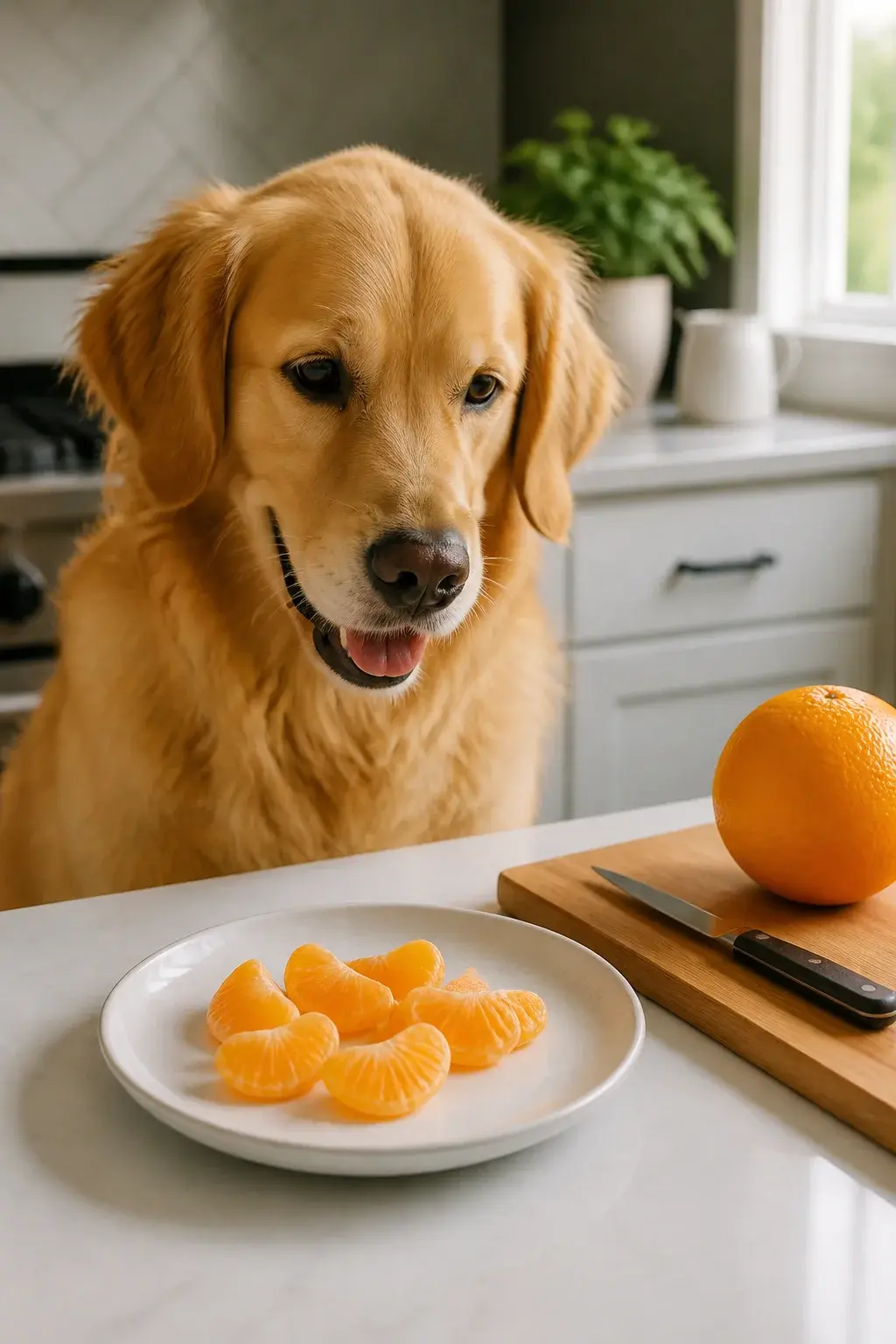A realistic close-up photo of a medium-sized, happy golden retriever sitting in a bright, modern kitchen with natural daylight. In front of the dog on a clean white countertop is a small ceramic plate holding a few neatly peeled orange segments with all peel, seeds, and pith removed. Off to the side, an intact orange and a small paring knife rest on a cutting board to imply careful preparation. The dog looks curiously at the segments, ears perked, mouth slightly open, but not eating yet. Soft depth of field focuses on the dog’s face and the seedless orange pieces, with a warm, inviting color palette and no text or human hands visible.