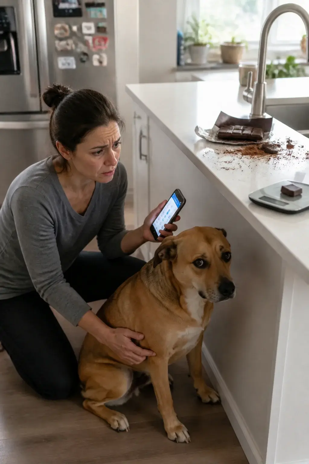 A realistic, high-resolution photo scene in a modern kitchen: an anxious mid-30s woman kneeling beside a medium-sized mixed-breed dog (about 35–40 lbs, short tan coat) sitting on the floor, while on the white quartz countertop behind them lies an opened, partially crumbled bar of dark baking chocolate with scattered wrappers and cocoa powder dust. The dog looks slightly guilty but alert; the woman is holding her phone with a vet hotline screen visible only as a lit display (no readable text), and a measuring scale with a few chocolate pieces on it sits nearby. Include a stainless-steel sink, soft morning light from a window, a refrigerator with magnets, and a clean, realistic domestic feel. No text in the image.