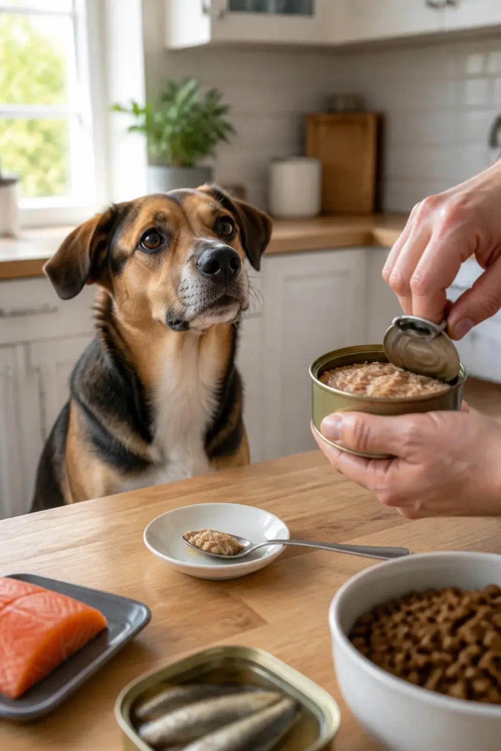 A realistic, well-lit kitchen scene where a medium-sized mixed-breed dog sits attentively on the tile floor, gazing up with eager eyes at a person’s hands opening a can of tuna on a wooden countertop; nearby are visual cues of dog safety and moderation: a small spoon with a tiny flake of tuna on a separate saucer, a bowl of plain kibble off to the side, and alternative fish options visible in the background like a package of skinless salmon fillet and a small tin of sardines in water; the can’s label is turned away (no text), natural daylight streaming through a window, clean modern kitchen aesthetics, shallow depth of field focusing on the dog’s face and the small portion size, photorealistic detail.