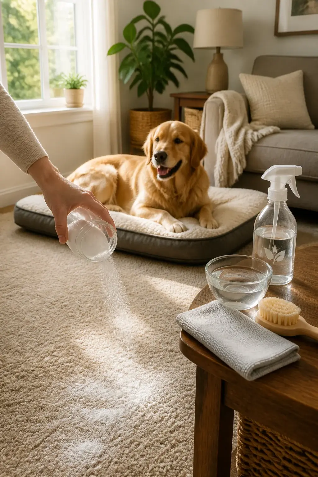 A realistic, well-lit photo of a cozy living room with a medium-pile beige carpet being deodorized naturally: a person’s hand sprinkling a fine layer of baking soda from a glass jar across a carpeted area near a dog bed; a small bowl of white distilled vinegar and a spray bottle labeled with a neutral icon (no text visible) on a nearby wooden coffee table; a golden retriever lounging calmly on a dog bed in the background; sunlight streaming through a window, casting soft shadows; subtle details like a microfiber cloth and a soft-bristle brush placed neatly beside the spray bottle; warm, natural home setting with neutral tones, clean and inviting, no brand labels or text in the scene.