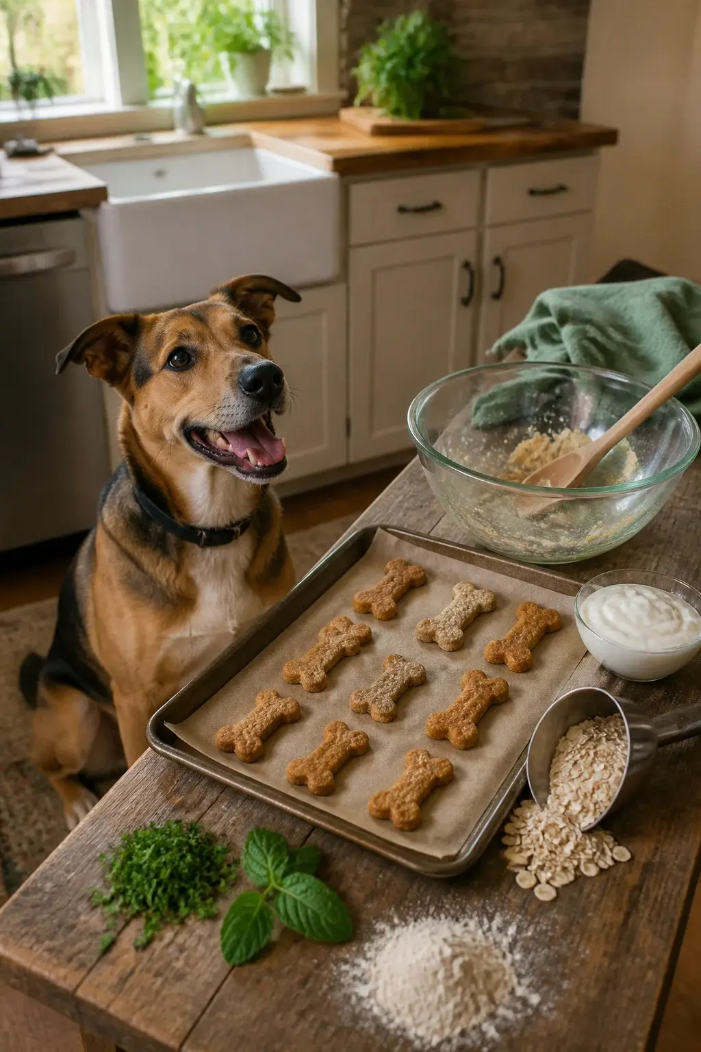 A realistic, warmly lit kitchen scene with a medium-sized happy dog (mixed breed, short fur) sitting expectantly by a rustic wooden countertop. On the counter: a parchment-lined baking sheet with freshly baked, golden-brown dog biscuits shaped like small bones, visibly crunchy with a slightly rough texture. Nearby, a glass mixing bowl with remnants of dough, a wooden spoon, and measured ingredients: a small pile of chopped fresh parsley and mint leaves, a scoop of rolled oats, whole wheat flour, and a little bowl of plain yogurt. In the background, a clean kitchen with soft natural light streaming through a window, a green dish towel, and a sprig of fresh herbs on a cutting board. The dog is looking up eagerly at the biscuits, capturing anticipation and the wholesome, homemade feel. No text. Realistic photo.
