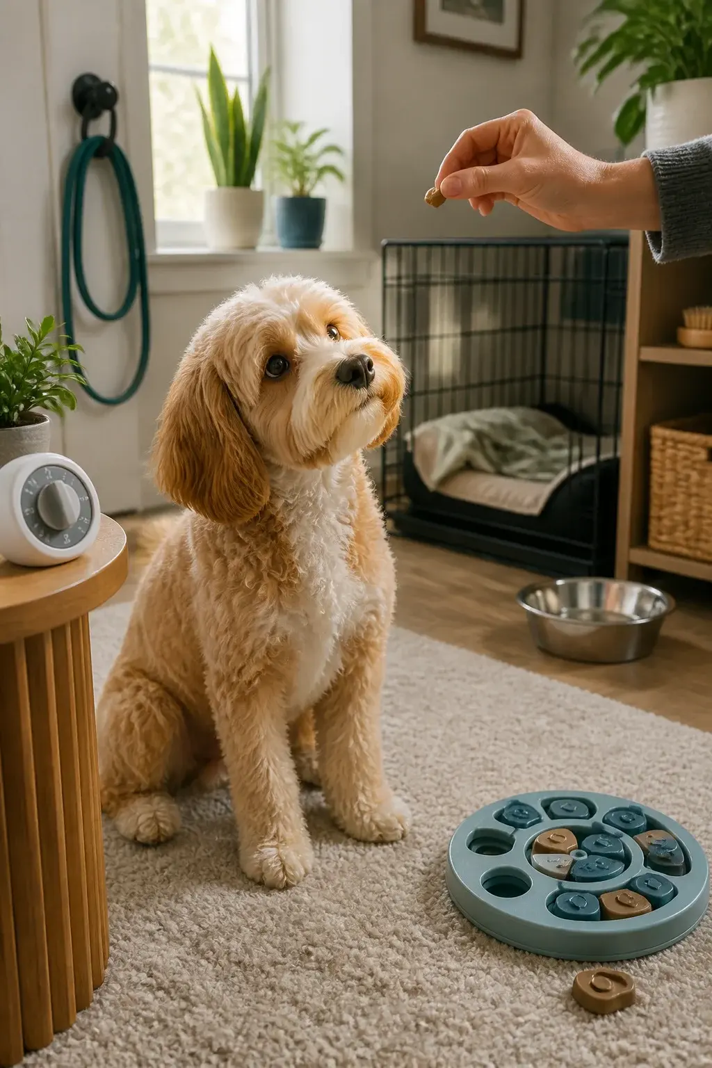 Realistic photo of a cheerful Cavapoo (small doodle mix with wavy apricot-and-white coat, floppy ears, expressive dark eyes) in a cozy modern living room. The dog sits attentively on a soft rug with a slight head tilt, gazing up at its owner’s hand offering a treat mid-training. Around the room are subtle signs of structure and care: a timer on a side table, a neatly coiled leash by the door, a puzzle toy partially solved on the floor, a stainless water bowl near a crate with a comfy bed and blanket, and a brush on a low shelf. Morning light pours through a window with houseplants, giving a warm, homey feel. The scene conveys daily routines—exercise (leash), mental stimulation (puzzle toy), training (treat and focus), and rest (crate/bed)—without any text.