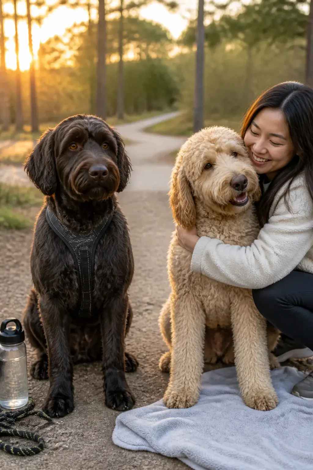 Realistic outdoor photo at golden hour of two adult doodle dogs side by side for comparison: a Labradoodle on the left with a sturdier, athletic build, medium-length wavy coat in chocolate or black, alert stance as if ready to hike; and a Goldendoodle on the right with a slightly lighter, golden to cream curly coat, softer expression, leaning gently toward a smiling first-time owner kneeling beside it. Background: a mixed-use park trail with light forest and a visible path, a water bottle and leash near the Labradoodle, a soft picnic blanket near the Goldendoodle. Natural lighting, shallow depth of field to keep both dogs in crisp focus and background softly blurred. No text, hyper-realistic detail of fur texture, noses, and eyes.