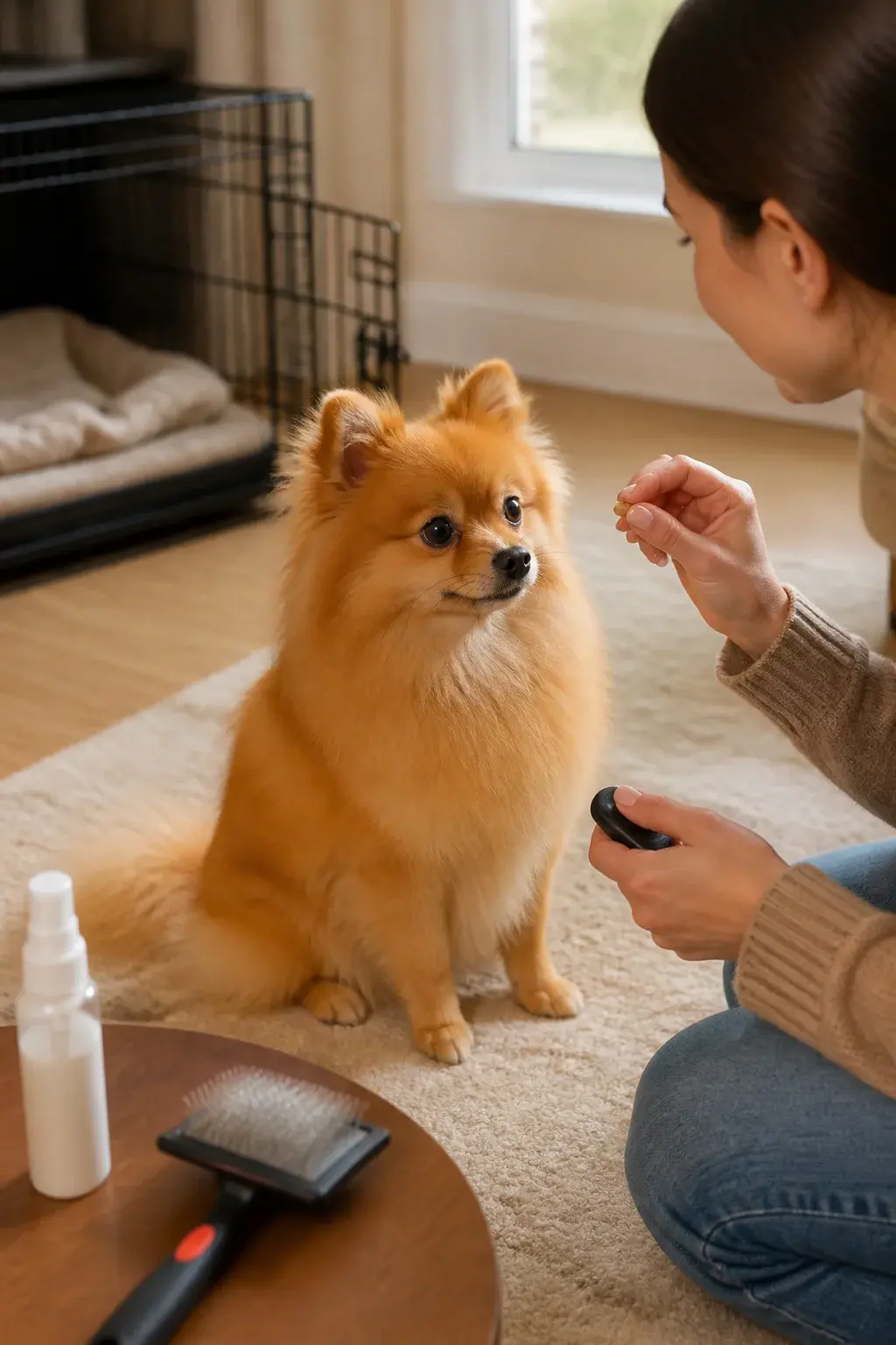 A realistic, warmly lit indoor photo of a small orange Pomeranian with a fluffy double coat sitting calmly on a soft, neutral-colored rug in a tidy living room. The dog is making gentle eye contact with a relaxed owner kneeling beside it, offering a tiny training treat while holding a clicker in the other hand. A grooming slicker brush and detangling spray sit on a low table nearby, and a crate with the door open is visible in the background with a cozy blanket inside. A window shows soft afternoon light; no harsh shadows. The Pomeranian’s fur is brushed and slightly feathered around the chest, ears perked but mouth relaxed—quiet, attentive posture. Color palette natural and warm; photographic realism; shallow depth of field focusing on the Pom and owner’s hands.