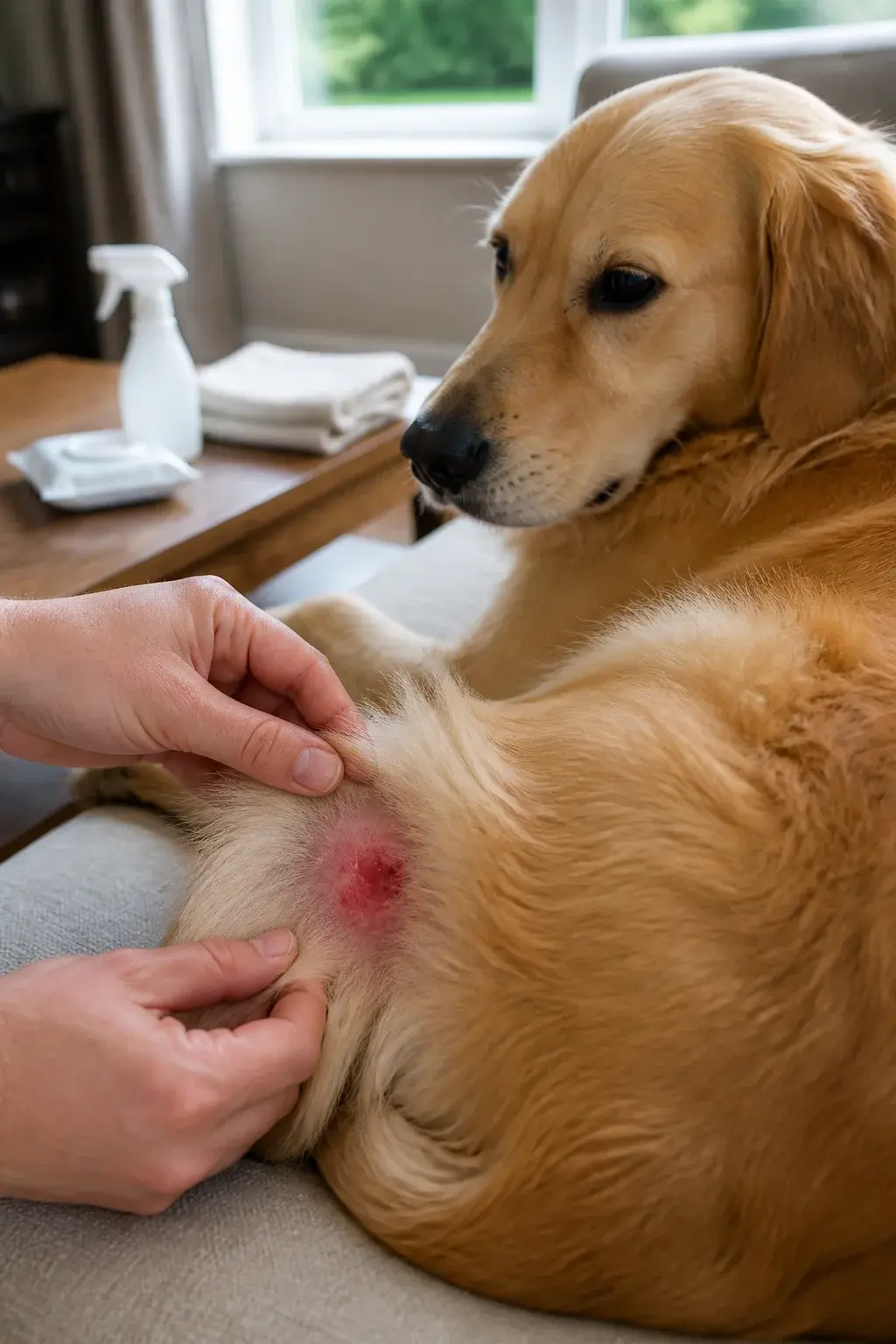 Realistic close-up photo of a medium-sized golden retriever lying on a light-colored couch, owner’s gentle hands parting the fur on the dog’s hind leg to reveal a red, moist “hot spot” with mild hair loss; natural indoor daylight from a nearby window, soft neutral home background with a folded clean towel, a spray bottle of vet-approved antiseptic, and dog-safe hypoallergenic wipes on a coffee table slightly out of focus; the dog looks mildly uncomfortable but calm; high-detail skin texture and fur, shallow depth of field, natural color grading, no text.