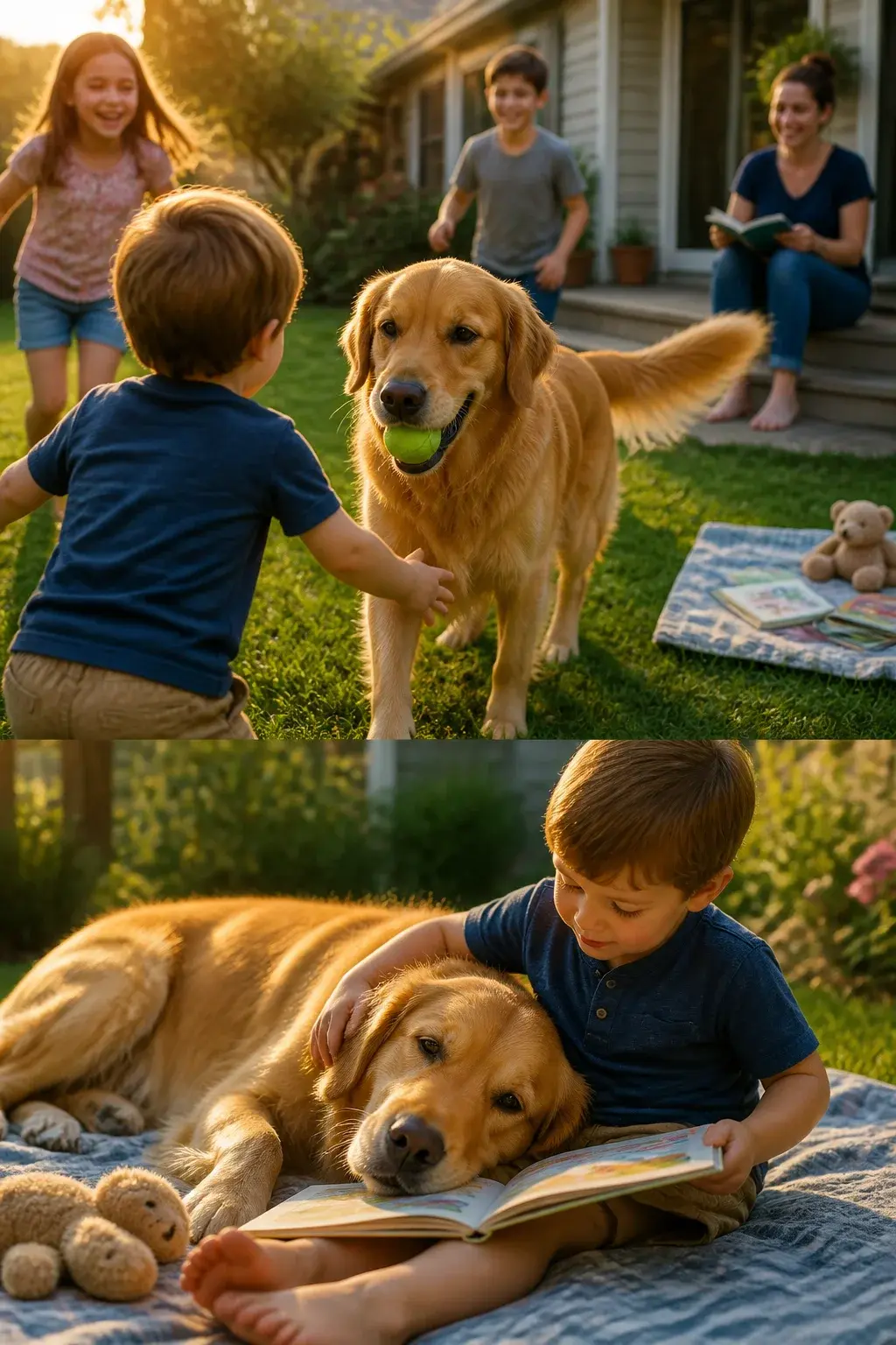 Realistic photo of a sunny suburban backyard in late afternoon: a golden retriever with a glossy, medium-length coat plays gentle fetch with a preschool-aged child while two older kids giggle nearby; the dog’s mouth holds a bright green tennis ball, tail wagging, eyes soft and friendly; a parent sits on a patio step with a book, smiling and relaxed; a picnic blanket with children’s storybooks and a stuffed animal lies on the grass; another moment shows the dog flopped contentedly beside the youngest child during story time, head on the child’s lap; include subtle motion blur on wagging tail and kids’ movement, warm golden-hour lighting, natural colors, shallow depth of field focusing on the dog’s expressive face; no text, no logos.