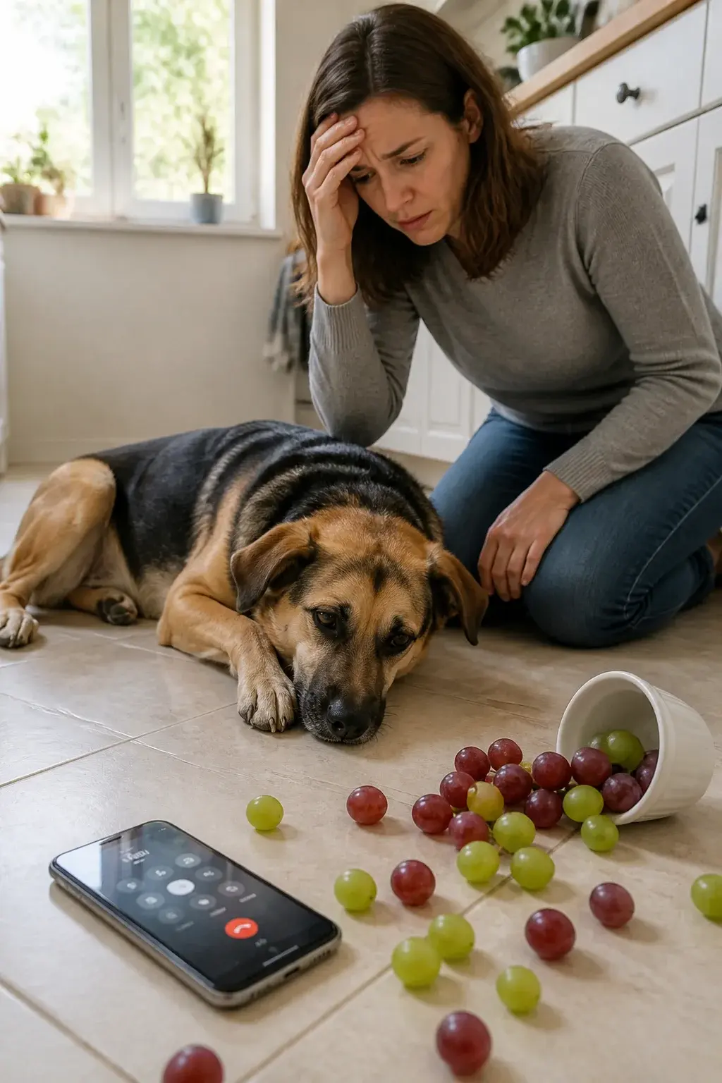 A realistic photo of a worried dog owner kneeling on a kitchen floor beside a medium-sized mixed-breed dog that looks lethargic and unwell; a small, spilled bowl of red and green grapes is scattered across light-colored tile; a smartphone on the floor shows the dial screen as if calling a vet; natural daylight from a nearby window casts soft shadows; the scene feels urgent but calm, with clear focus on the dog’s expression and the grapes, shallow depth of field, high-resolution, natural color tones.