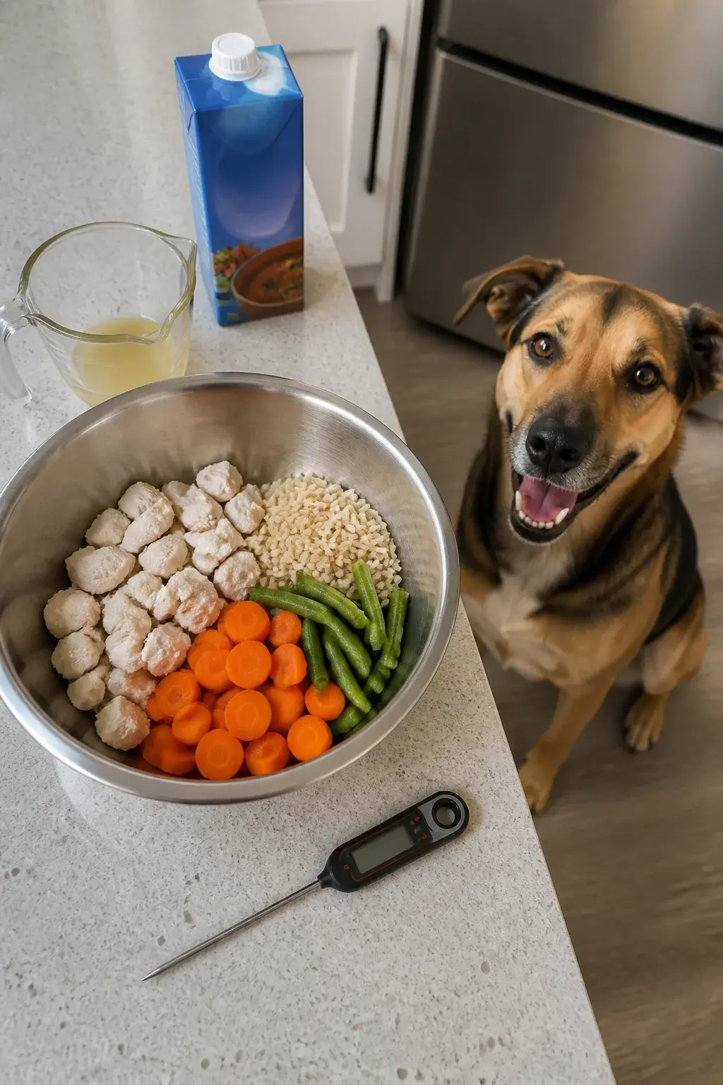 A realistic, well-lit overhead photo of a clean kitchen countertop with a freshly cooked, unseasoned diced chicken breast in a stainless-steel bowl, mixed with steamed carrots, green beans, and a small portion of plain brown rice; a digital instant-read thermometer nearby showing 165°F; a small carton of low-sodium chicken broth and a measuring cup with a splash of broth; no spices, onions, or garlic visible; a medium-sized, happy mixed-breed dog (short coat) sitting attentively beside the counter looking up at the bowl; neutral, modern kitchen setting, natural daylight, shallow depth of field, no text on image.