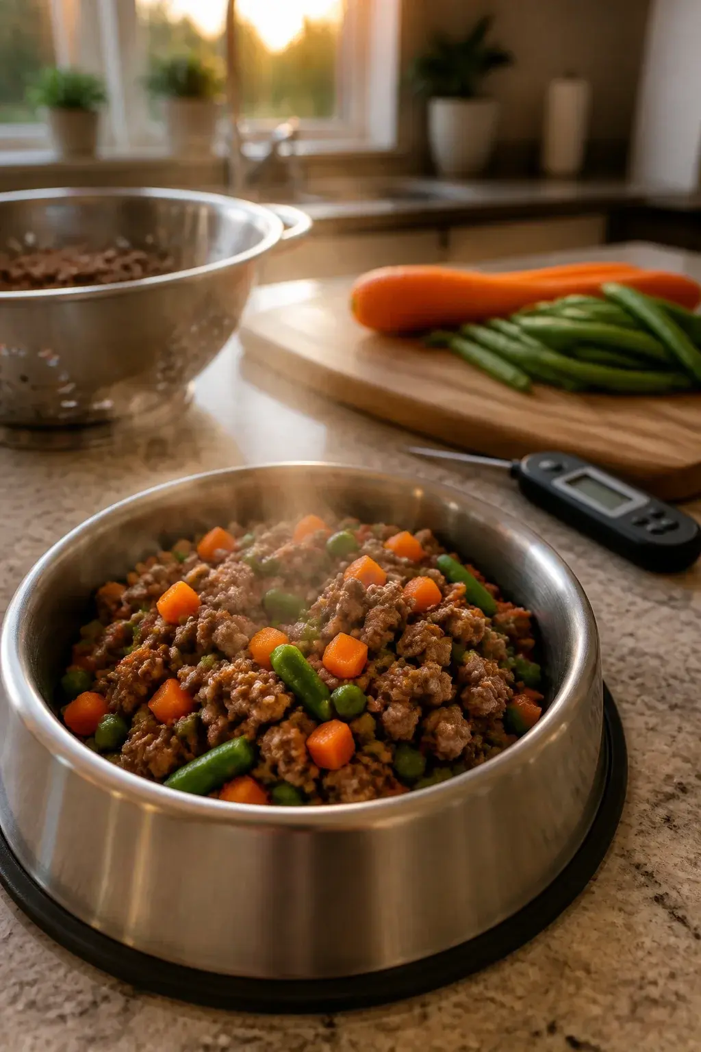 Realistic photo of a freshly cooked, dog-safe beef skillet meal on a clean kitchen counter: lean ground beef cooked through with no pink, lightly drained of fat, mixed with bright diced carrots, green peas, and green beans, all unseasoned and glistening slightly with natural juices. A stainless steel dog bowl in the foreground filled with the mixture, steam gently rising. In the background, a digital meat thermometer on the counter reading 160°F, a colander with drained beef, and a cutting board with a peeled carrot and a handful of fresh green beans. Warm natural evening light from a window, shallow depth of field focusing on the bowl. No onions, garlic, spices, or human condiments visible. Realistic, homey kitchen setting.