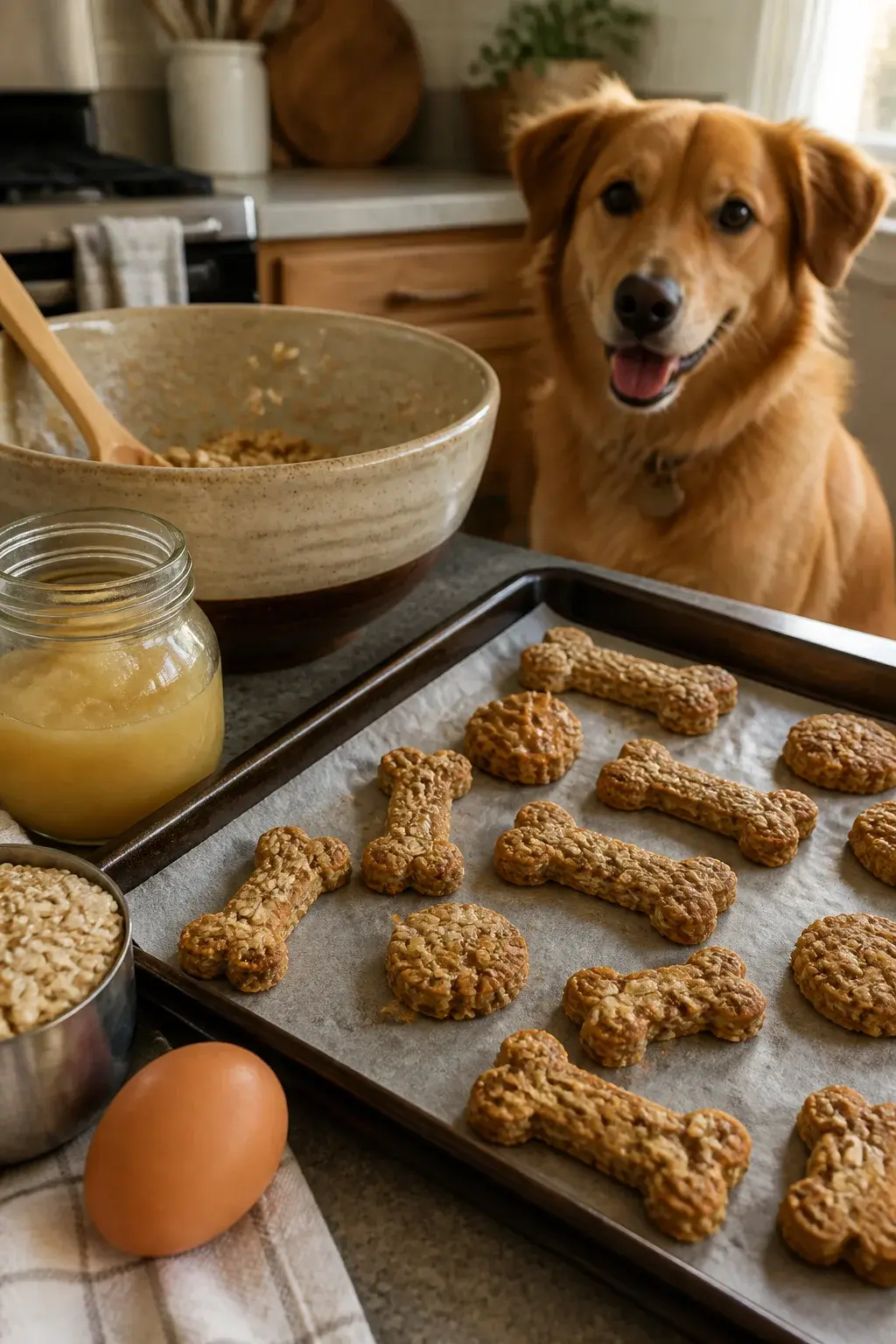 Realistic photo of a cozy home kitchen scene in natural morning light: a baking sheet lined with parchment holds freshly baked, golden-brown crispy oat dog treats shaped like small bones and circles, visibly textured with rolled oats. Nearby, a rustic mixing bowl with a wooden spoon shows remnants of oat dough, and simple dog-safe ingredients are arranged—an open jar of unsweetened applesauce, a measuring cup of rolled oats, a small dish of peanut butter (no label), and a brown egg. A happy medium-sized dog (golden retriever mix) sits attentively in the background near the counter, ears perked, eyes focused on the treats. Warm, inviting tones, shallow depth of field highlighting the treats, no text.