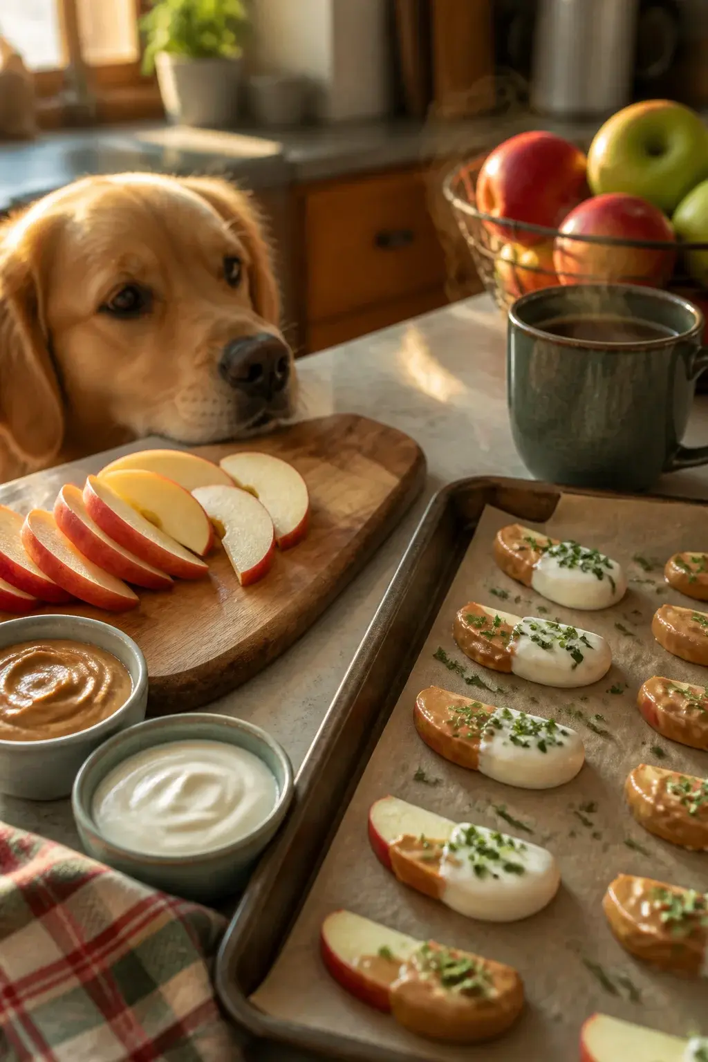 A cozy kitchen countertop bathed in warm afternoon light, with a medium-sized golden retriever eagerly watching from the side, nose close to the counter but not touching. In the foreground, a rustic wooden cutting board holds neatly sliced apple wedges with the cores and seeds clearly removed, next to a small bowl of unsweetened peanut butter and another bowl of plain Greek yogurt. A baking sheet lined with parchment paper displays apple-and-peanut-butter dog treats being assembled: apple slices dipped partially in yogurt and peanut butter, some sprinkled with finely chopped dog-safe parsley for freshness. Subtle steam from a nearby cup of herbal tea, a plaid dish towel, and a wire basket of whole red and green apples in the background. Realistic, natural colors, shallow depth of field emphasizing the treats, no text.
