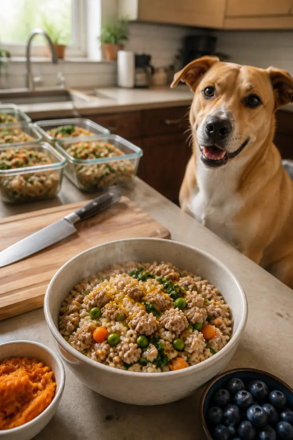 Realistic photo of a cozy home kitchen countertop with natural window light: a steaming, freshly cooked bowl of homemade dog food in the foreground, clearly showing lean ground turkey, brown rice, diced carrots, peas, and chopped spinach, topped with a drizzle of salmon oil; a happy medium-sized mixed-breed dog (short coat, tan and white) sitting attentively beside the bowl with a gentle expectant expression; background includes a wooden cutting board with a chef’s knife, small bowls of ingredients (pumpkin puree, blueberries), and labeled meal-prep containers being filled for the week; no text, bright but natural color palette, shallow depth of field focusing on the bowl and dog.