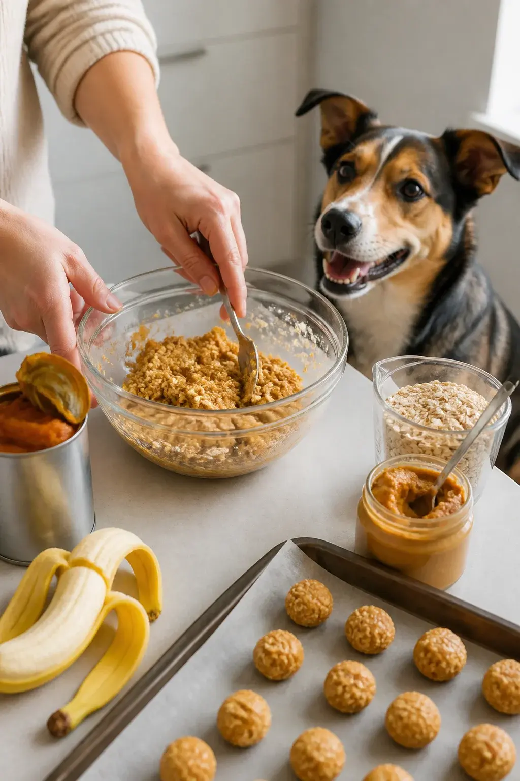 Realistic photo of a cozy kitchen countertop scene in natural morning light: a person’s hands mixing a quick dog treat dough in a glass bowl made from mashed banana, pumpkin puree, oats, and a spoonful of unsweetened peanut butter. Nearby are small rolled bite-sized balls on a parchment-lined baking sheet, a ripe banana with peel partly open, an opened can of pure pumpkin, a jar of natural peanut butter with a spoon, and a measuring cup of rolled oats. A happy medium-sized mixed-breed dog with bright eyes and perked ears waits expectantly beside the counter, nose lifted to the bowl. Clean, minimal background, warm tones, shallow depth of field showing texture of the ingredients, no text.
