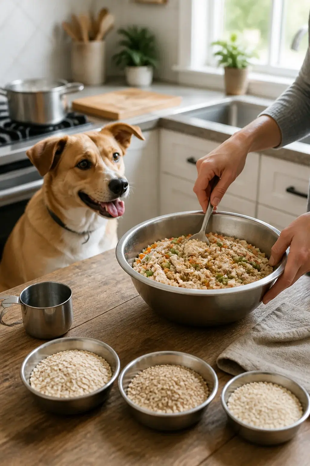 A bright, natural-light kitchen scene with a medium-sized happy adult dog (mixed breed, short tan and white coat) sitting attentively near a wooden farmhouse table, watching a person’s hands prepare a wholesome dog meal: a bowl of cooked plain rolled oats mixed with shredded boiled chicken breast, steamed diced carrots, and chopped green beans. Include separate small bowls showing raw rolled oats, steel-cut oats, and quick oats for comparison, plus a measuring cup and a pot on the stove with oats simmering. The countertop has a clean, minimalist look with stainless steel accents, a neutral linen towel, and a dog-safe vibe (no seasonings, no fruit like raisins). Shallow depth of field focusing on the bowl of finished food, warm realistic color grading, morning sunlight through a window, high-resolution, realistic photo.