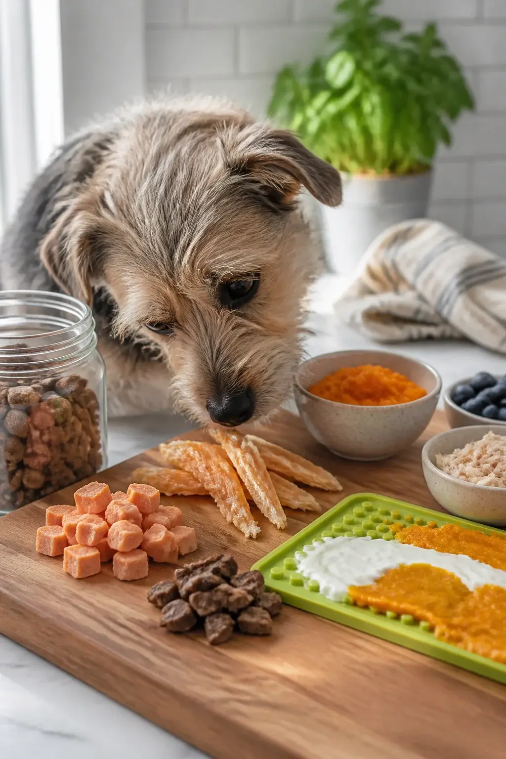 Realistic photo of a cozy kitchen scene during daytime with soft natural light: a small picky-looking dog (a scruffy terrier mix) sniffs a selection of high-value dog treats on a wooden cutting board. Include a variety of textures and proteins: small freeze-dried salmon cubes, soft single-ingredient chicken jerky strips, tiny dehydrated liver bites, and a silicone lick mat smeared with a thin layer of pumpkin puree and plain goat’s milk yogurt. Nearby are simple, wholesome ingredients in bowls (cooked sweet potato mash, blueberries, shredded chicken) and a glass jar labeled only by color (no text visible) filled with bite-sized treats. The dog appears curious but discerning, head slightly tilted, nose close to the treats. Background elements: a clean tile backsplash, a potted herb plant, and a folded kitchen towel. Shallow depth of field, crisp detail on treats, no text on image.
