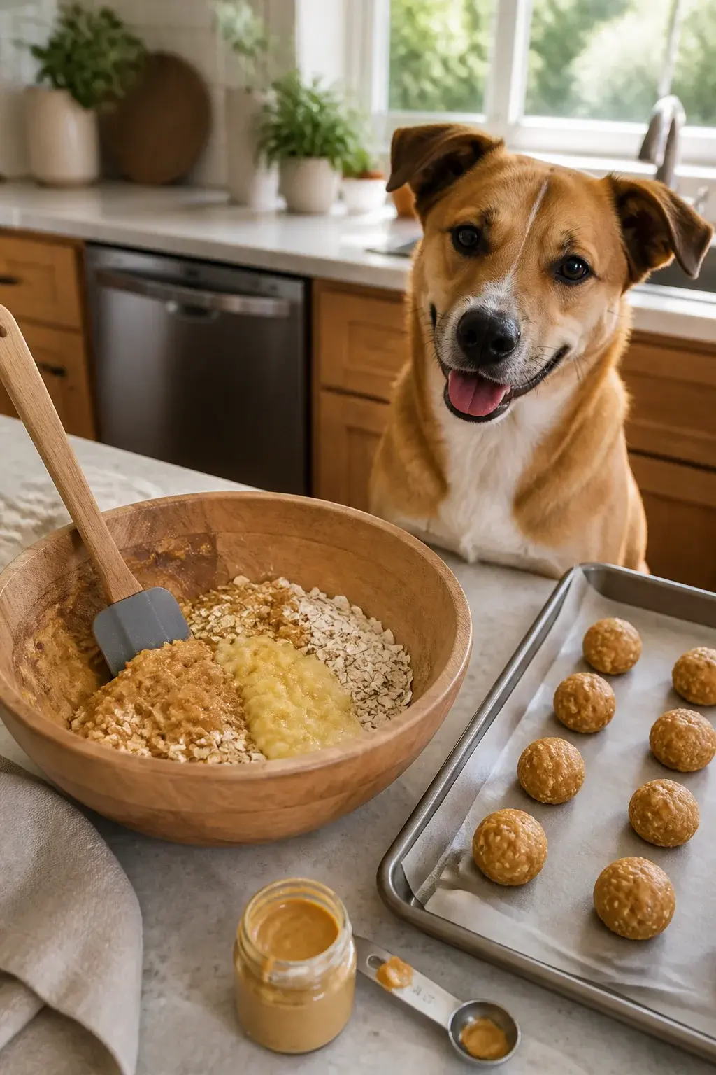 A realistic, warmly lit kitchen countertop scene with a wooden mixing bowl containing a thick, creamy dollop of natural peanut butter (label not visible), mashed ripe banana, and rolled oats being mixed with a silicone spatula; nearby are a parchment-lined baking sheet with small, evenly rolled peanut butter bites, a measuring spoon with a smear of peanut butter, and a small jar of dog-safe peanut butter (no text); a happy medium-sized mixed-breed dog with short tan fur and white markings sits attentively beside the counter, ears perked and tongue slightly out, looking at the treats; soft afternoon light from a window, minimal clutter, natural colors, shallow depth of field, high-resolution realistic photo.