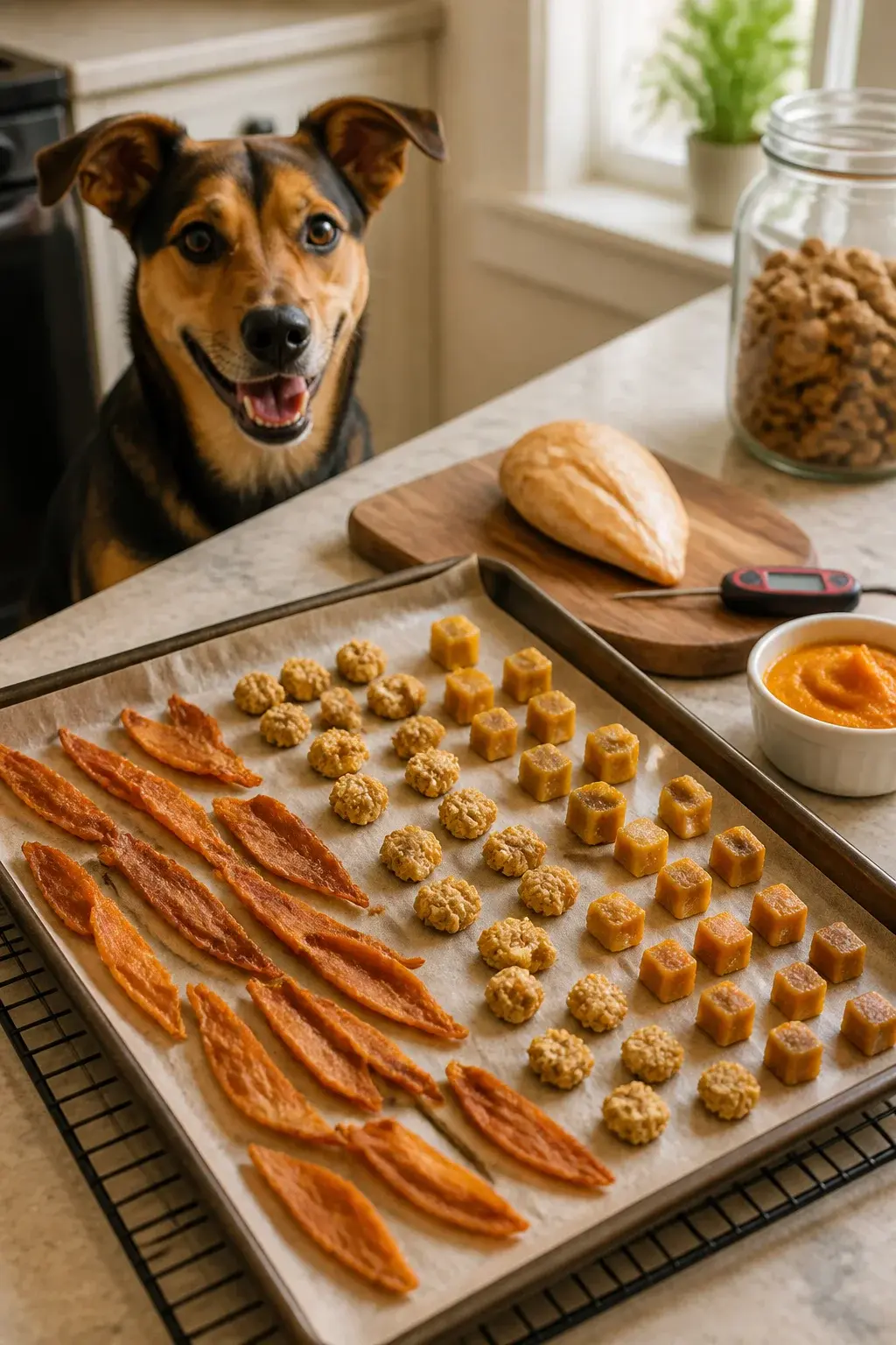 Realistic photo of a bright home kitchen countertop with a parchment-lined baking tray of freshly baked homemade chicken dog treats: a mix of thin chicken jerky strips, small oat-and-chicken bites, and chewy chicken-and-pumpkin cubes cooling on a wire rack. A medium-sized happy mixed-breed dog with shiny coat and alert ears sits politely nearby, focused on the treats. Soft natural daylight from a window, a digital thermometer reading 165°F next to a cooked chicken breast on a cutting board, a small bowl of pumpkin puree, and a jar labeled “treats” in the background. No text on image. Warm, inviting, high-detail, shallow depth of field.