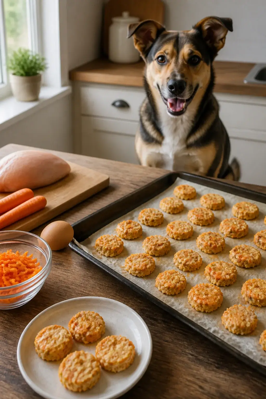 Realistic photo of homemade dog treats made from chicken and carrots on a rustic wooden kitchen counter: bite-sized baked chicken-and-carrot medallions on a parchment-lined baking tray, visible grated carrot and chicken texture, a small glass bowl of shredded carrots, a plate with a few cooled treats, natural daylight from a nearby window, soft shadows, warm neutral tones; in the background, a happy medium-sized mixed-breed dog sitting and waiting eagerly, ears perked, focused on the treats; no seasonings or sauces visible, just simple whole ingredients (raw chicken breast on a cutting board, peeled carrots, an egg), clean home kitchen setting, shallow depth of field highlighting the treats.