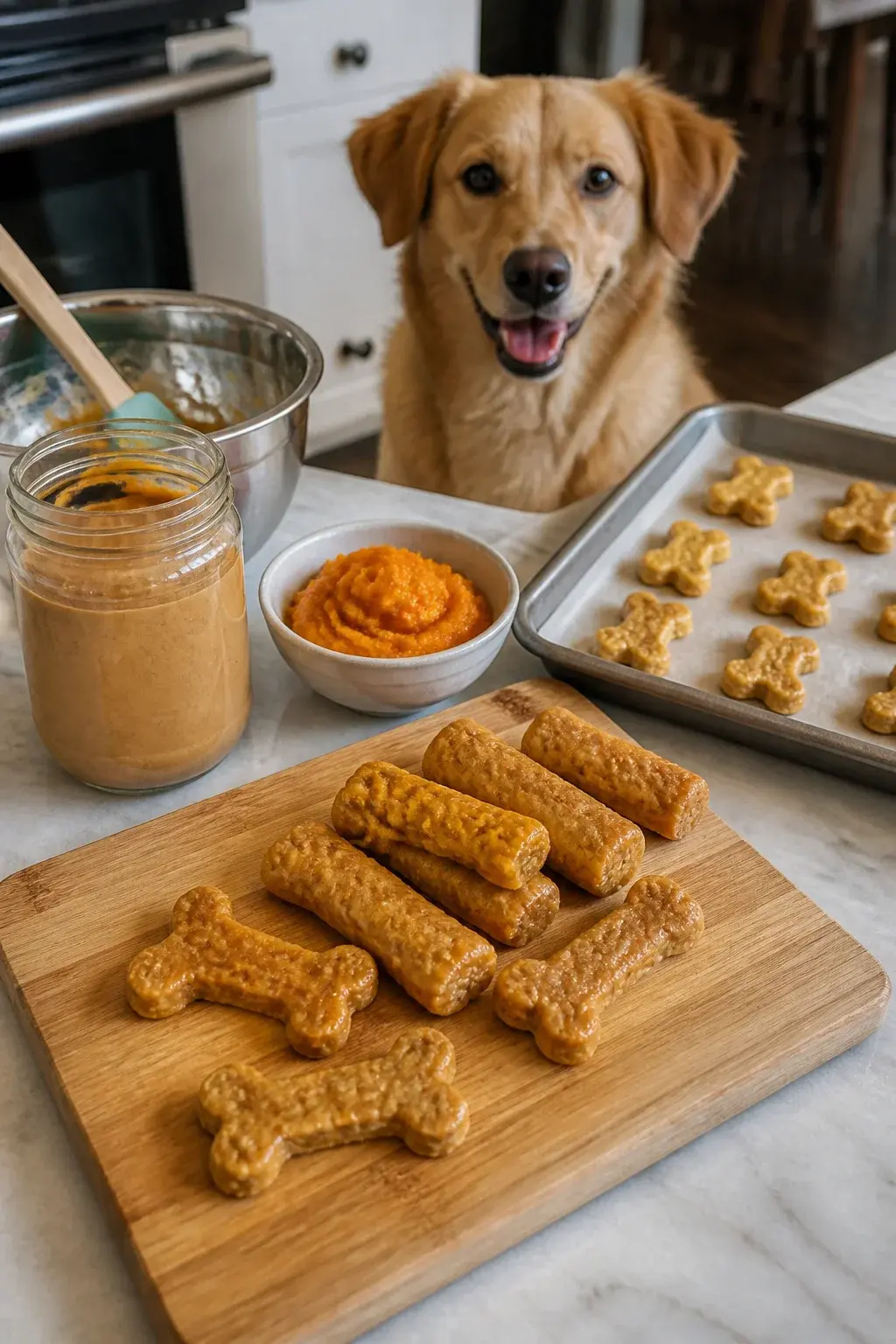 A realistic, close-up kitchen scene in natural daylight: a wooden cutting board on a light marble counter holds several homemade pumpkin peanut butter dog chews shaped like small logs and bones, with a chewy, slightly glossy texture and visible flecks of pumpkin; beside them is an open glass jar of natural peanut butter (no label), a small bowl of bright orange pumpkin puree, a metal mixing bowl with a silicone spatula smeared with batter, and a parchment-lined baking sheet with more chews cooling. In the background, a happy medium-sized dog (golden retriever mix) sits expectantly, ears perked, looking at the treats. Warm, cozy home vibe, shallow depth of field highlighting the chews, no text, photorealistic.