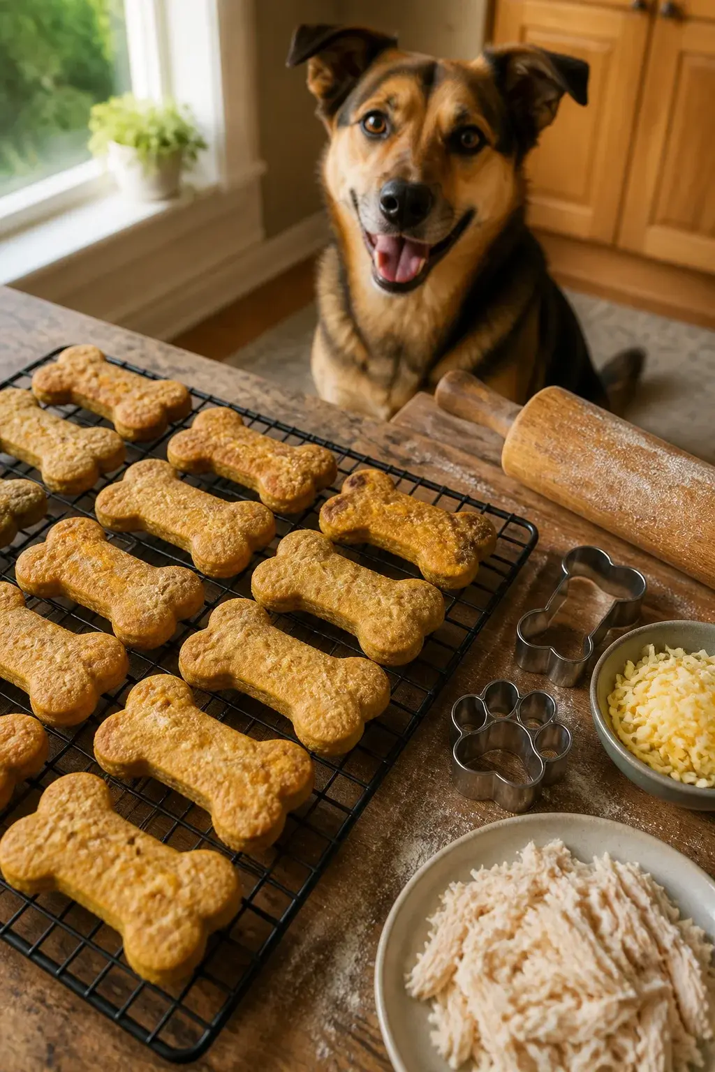 A warmly lit kitchen countertop scene showing freshly baked, golden-brown dog bone–shaped biscuits cooling on a wire rack, with visible flecks of shredded low-fat cheese baked into the surface and small bits of finely chopped cooked chicken in the dough; a wooden rolling pin dusted with a light coating of whole wheat flour sits to the side next to bone and paw-print cookie cutters, a small bowl of shredded mozzarella or mild cheddar, and a plate with plain, skinless shredded chicken; in the background, a happy medium-sized mixed-breed dog with perky ears looks up eagerly from the floor, soft natural afternoon light coming through a window, realistic food photography style, shallow depth of field, no text.