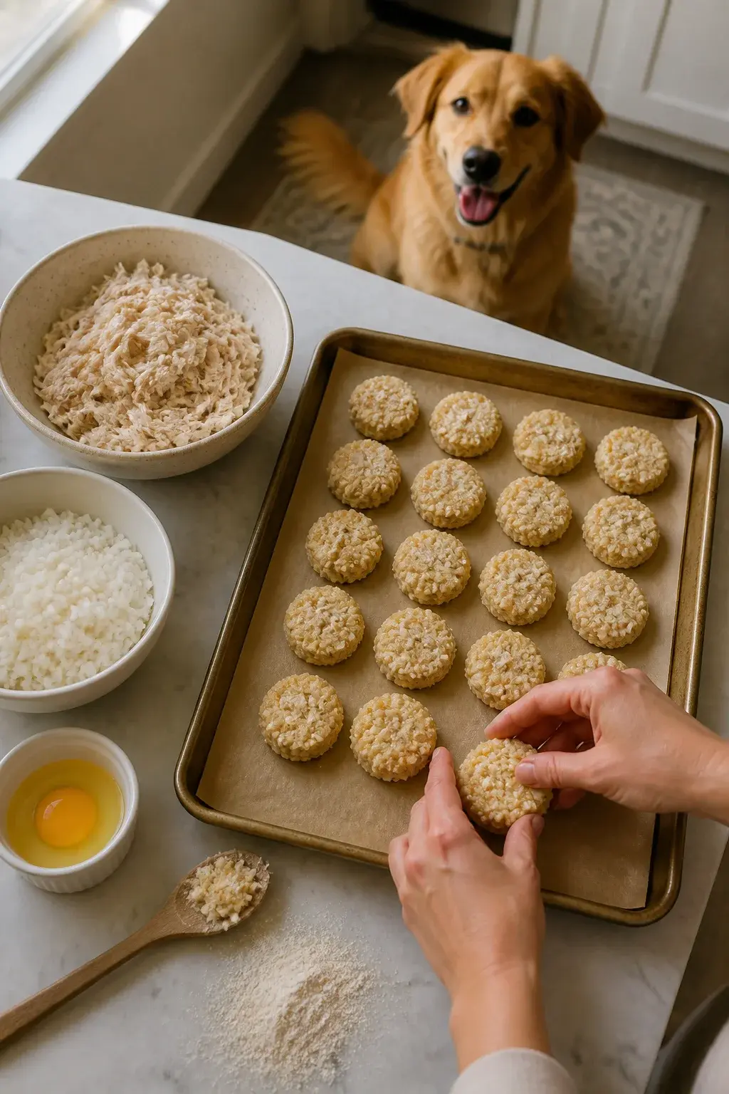 Realistic overhead photo of a home kitchen counter scene preparing dog treats: a parchment-lined baking sheet filled with small, bite-sized chicken-and-rice patties being shaped by a person’s hands, a bowl of shredded plain cooked chicken breast, a bowl of cooked white rice, an egg cracked in a small ramekin, a wooden spoon with a bit of mixture on it, and a dusting of oat flour on the counter. Warm natural window light, shallow depth of field focusing on the patties, in the background a happy medium-sized dog (golden retriever mix) sitting and watching expectantly with wagging tail. Cozy, clean, no text, no brand labels.