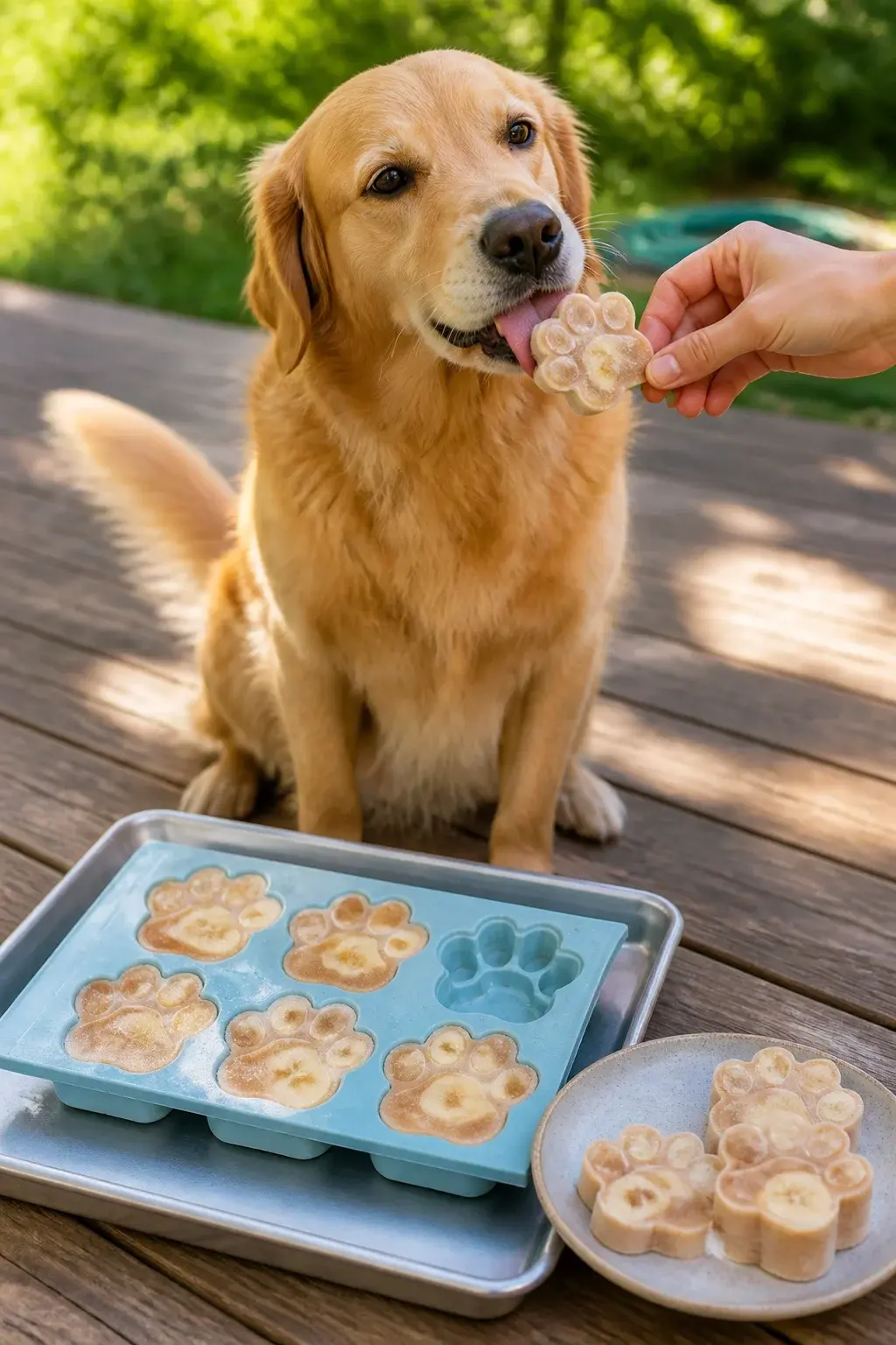 Realistic photo of a happy medium-sized dog (golden retriever) outdoors on a sunny summer afternoon, sitting on a wooden patio deck next to a shallow metal tray of homemade frozen peanut butter banana pops for dogs. The pops are in silicone paw-shaped molds and a few are popped out onto a small ceramic plate; you can see creamy peanut butter swirls and banana slices embedded in the frosty treats. No text. Soft natural light, shallow depth of field with gentle bokeh of green backyard plants and a hint of a garden hose in the background. The dog is licking one pop held by a human hand entering from the side, ears perked and tail mid-wag blur, condensation visible on the frozen treats for a refreshing feel, high-resolution, lifelike color.