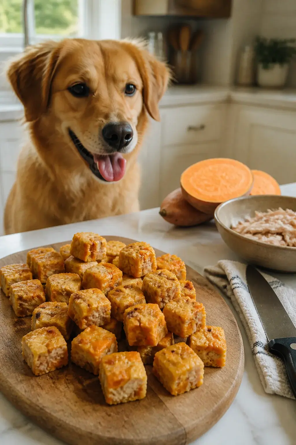 Realistic photo of a happy medium-sized dog (golden retriever mix) sitting in a bright, cozy kitchen with natural daylight, eagerly looking at a rustic wooden cutting board on a marble countertop topped with freshly baked chicken and sweet potato dog bites. Show close-up texture: small, cube-shaped treats with visible minced chicken and orange sweet potato bits, lightly browned edges. In the background, a peeled, halved raw sweet potato, a small bowl with cooked shredded chicken, and a chef’s knife on a clean tea towel. Neutral, warm color palette, shallow depth of field focusing on the treats, no text, no human faces.
