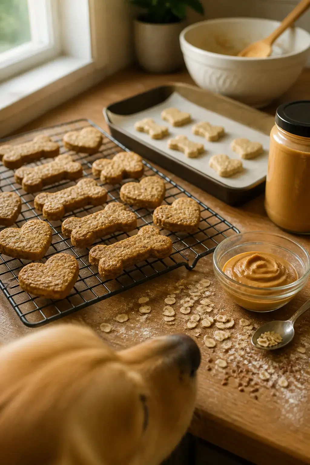 A realistic, natural-light kitchen countertop scene featuring a cooling rack with freshly baked, golden-brown dog biscuits shaped like bones and hearts, visibly textured with oats and flaxseeds; a small glass bowl of creamy, unsalted, xylitol-free peanut butter with a spoon resting beside it; scattered rolled oats and whole flaxseeds on a lightly floured wooden surface; a parchment-lined baking sheet with a few unbaked cutouts in the background; a simple mixing bowl with a wooden spatula, and a labeled jar reading “unsalted peanut butter” turned away so no text is visible; soft window light from the left casting gentle shadows; a curious golden retriever nose peeking at counter height in the lower edge of the frame, slightly out of focus; warm, cozy, homey atmosphere, high-resolution, shallow depth of field.